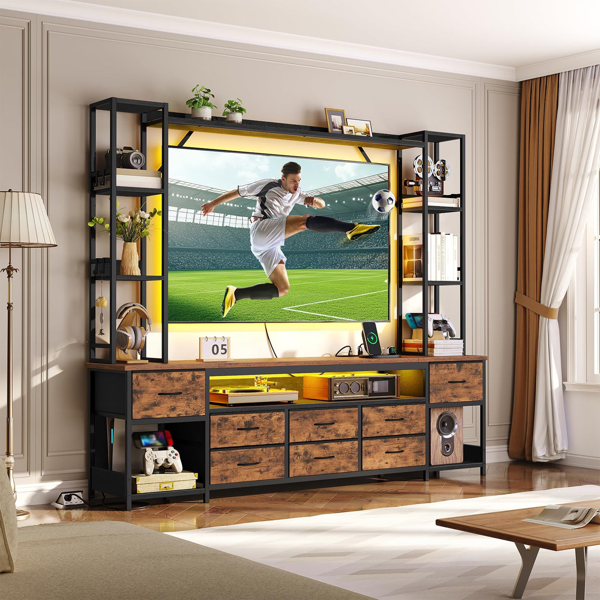 RALGEND TV Stand with Power Outlets to 65 Inches, LED Large Wall Unit Entertainment Center with Bookshelf, Dresser TV Stand with 8 PU Drawer, for Living Room, Bedroom, Rustic Brown and Black RALGEND