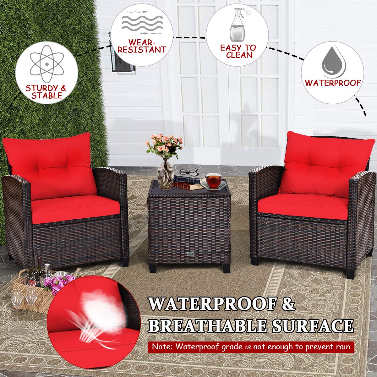 Tangkula 3 Pieces Patio Furniture Set, PE Rattan Wicker 3 Pcs Outdoor Sofa Set w/Washable Cushion and Tempered Glass Tabletop, Conversation Furniture for Garden Poolside Balcony (Red) Tangkula