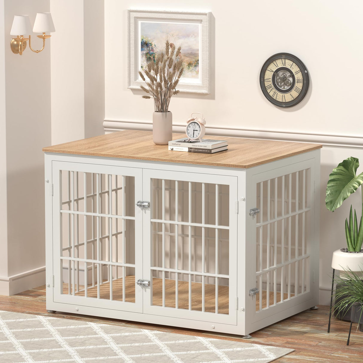 rehomerance Heavy Duty Dog Crate Furniture for Large and Medium Dogs, Decorative Pet House End Table, Wooden Cage Kennel Indoor, White and Natural rehomerance