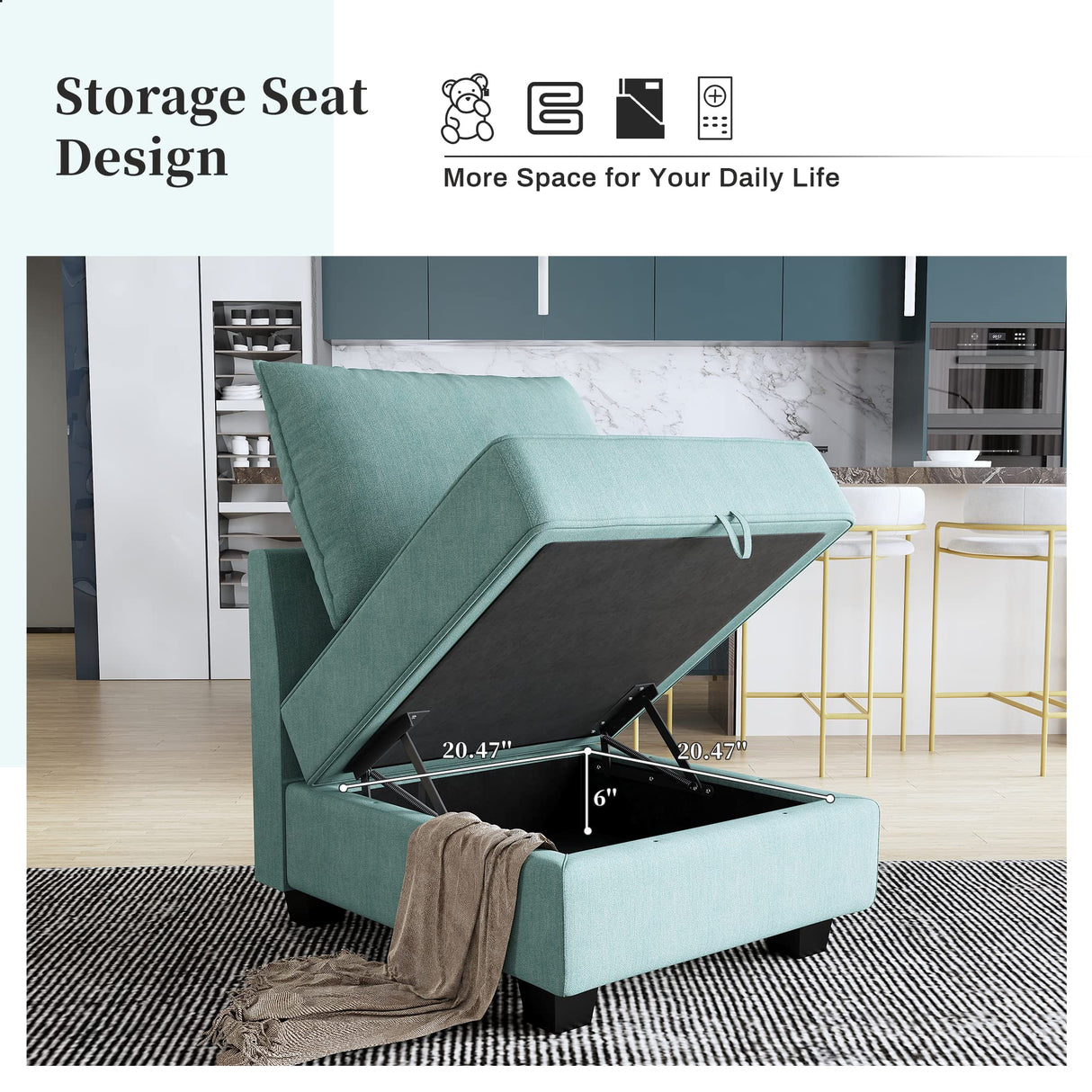 HONBAY Modular Sectional Sofa 2 Seater Couch with Chaise L Shaped Modular Sofa for Small Apartment, Aqua Blue HONBAY