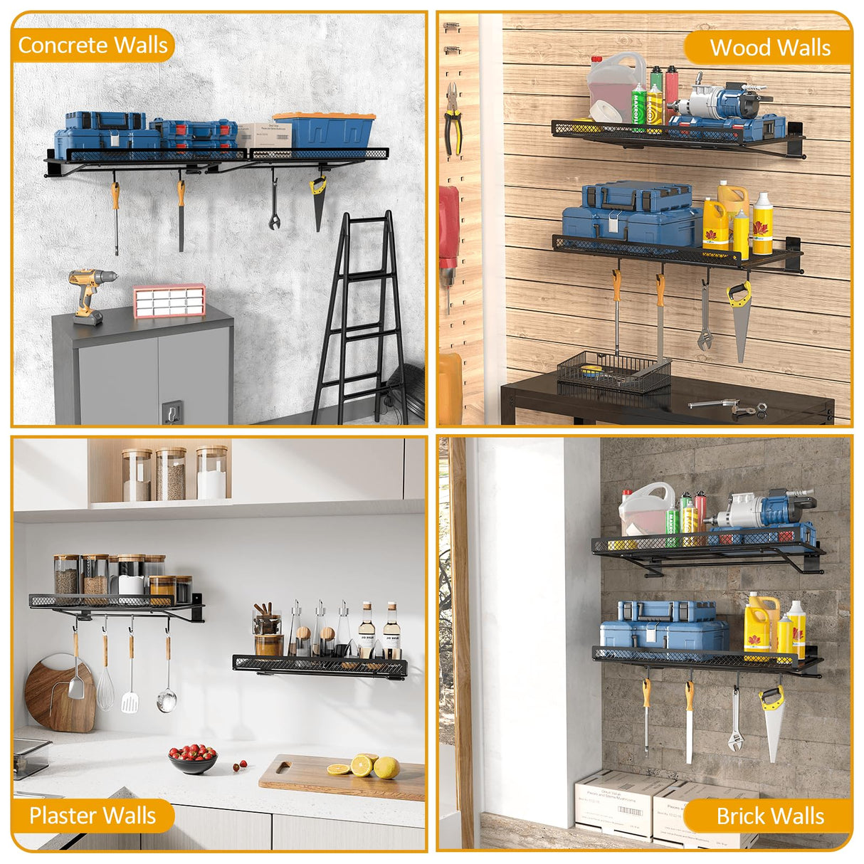 BABKAS 4 Pack Garage Wall Shelving, Metal Garage Wall Shelf with 8 Hooks, Heavy Duty Wall Shelves Mounted for Garage Storage, Laundry Room, Closet and Kitchen | Holds Up to 80 Lbs | 16.5" x 12.2" BABKAS