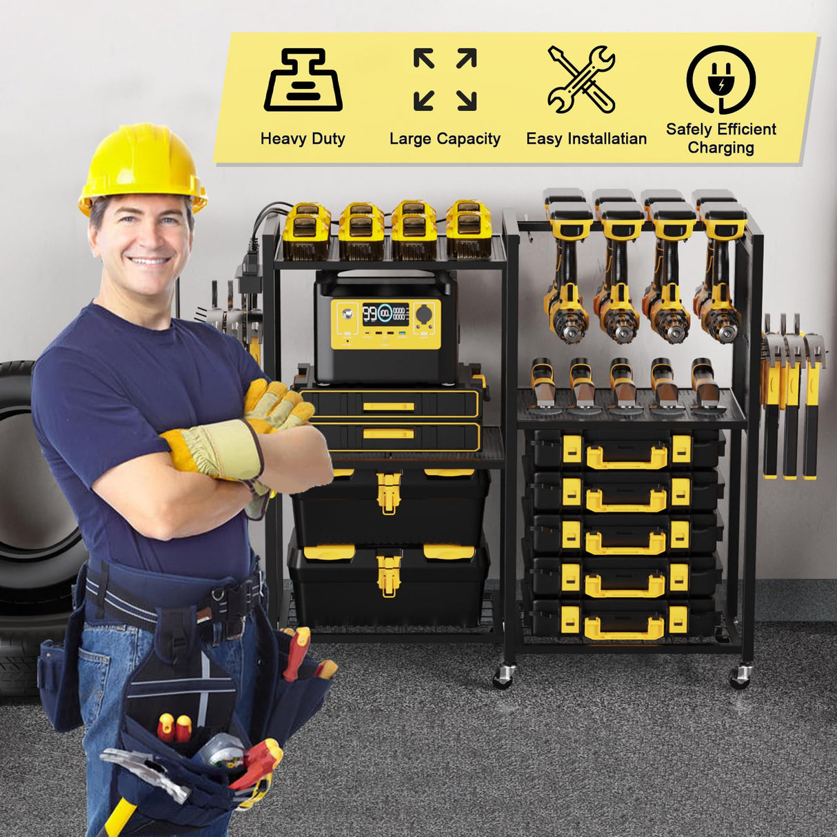 Goyappin 6-Tier Large Power Tool Organizer Cart with Charging Station, Heavy-Duty Garage Rolling Tool Cart with 6 Wheels, 8 Hooks & Adjustable Shelves, Holds 700LBS+ Goyappin