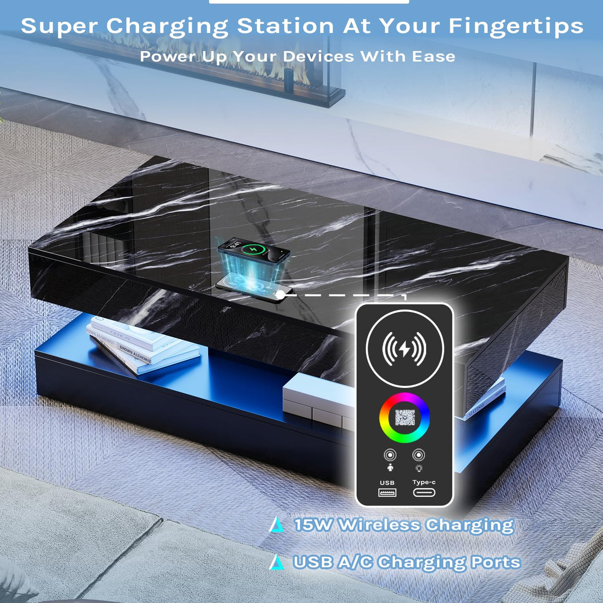 EROMMY 47.2" Modern High Glossy Coffee Table with Double-Layer Design, LED Coffee Table with 2 Sliding Drawers, Living Room Tables with Wireless Charging, 24 Colors LED Lights, APP Control, Black EROMMY