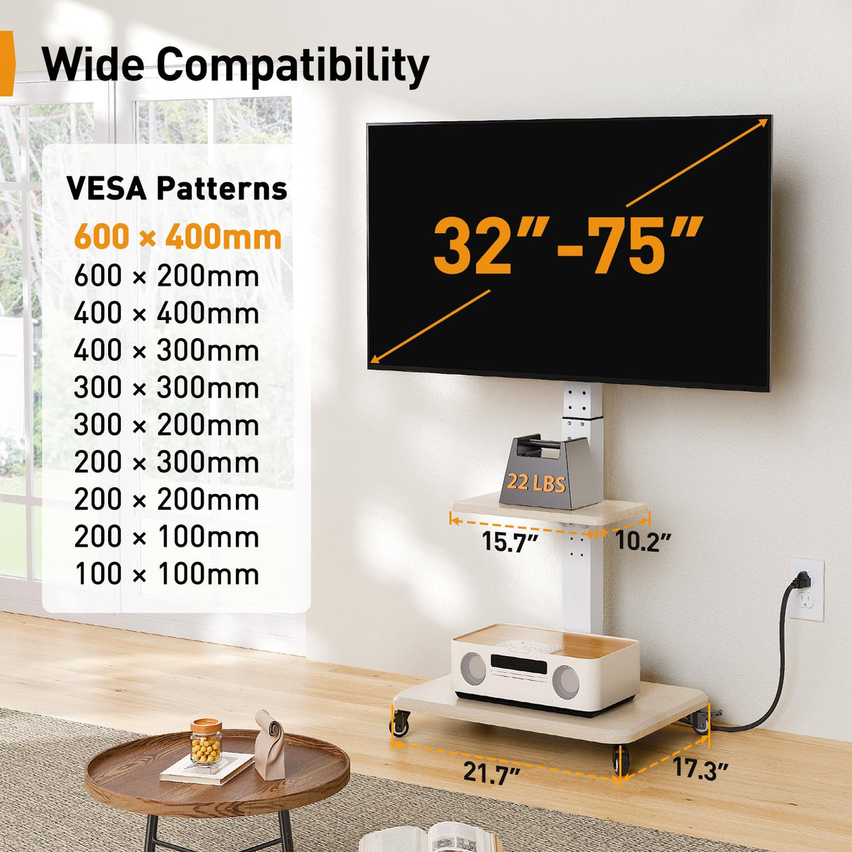 Perlegear Mobile TV Stand with Power Outlet, Tilt & Swivel Rolling TV Cart for 32-75 inches TVs up to 110 lbs, Height Adjustable Rolling TV Stand White with Wheels, Max VESA 600x400mm, PGTVMC17W Perlegear