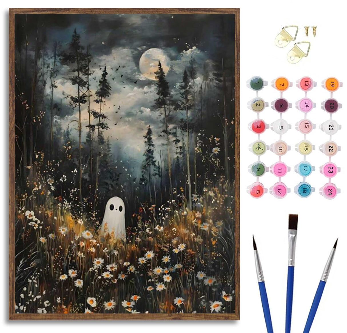 Halloween Whimsical Ghost Paint by Number Kit, 16x20inch Moonlit Forest Floral Meadow DIY Painting for Adults and Kids Art Craft Supplies Frameless Generic