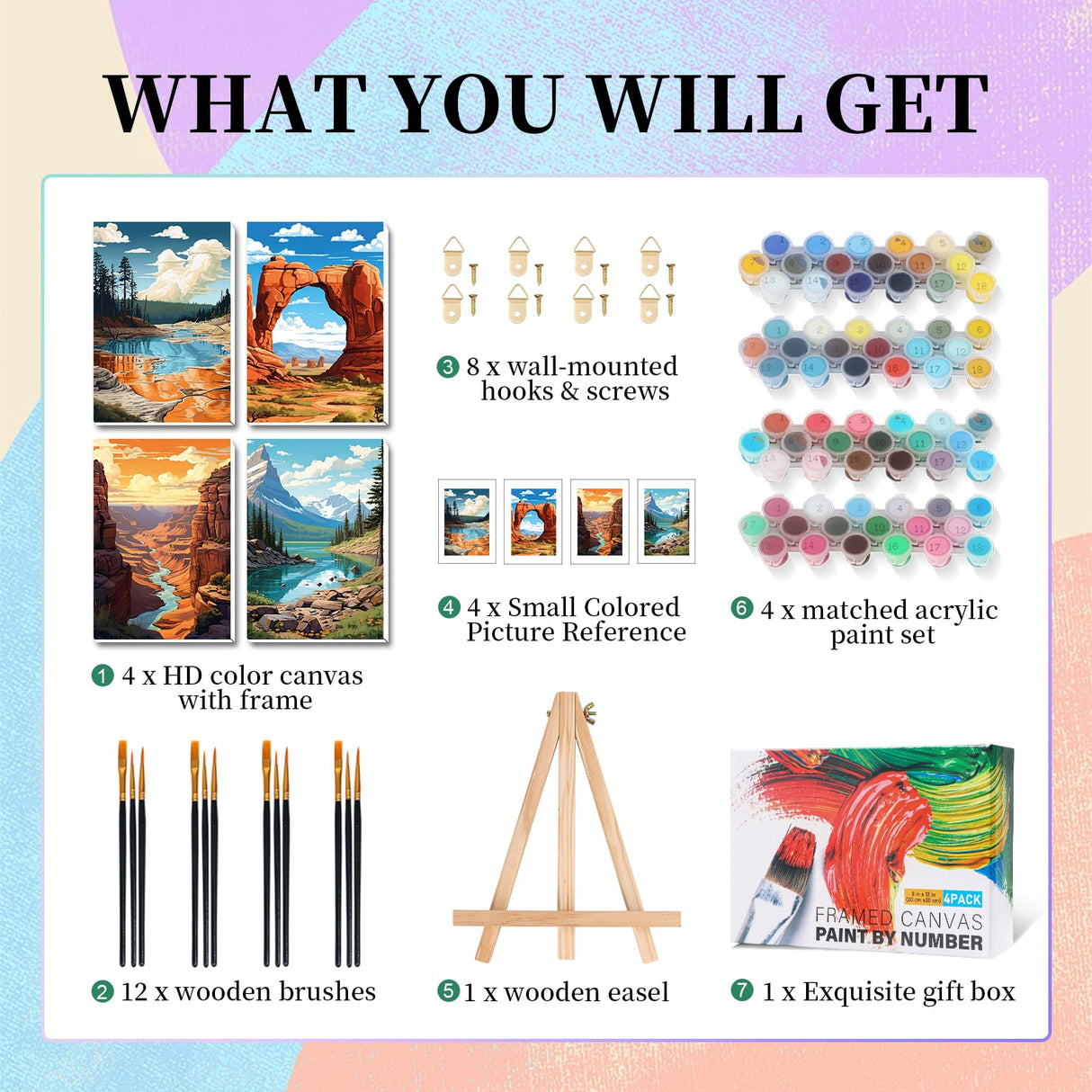 4 Pack Framed Paint by Numbers Kit for Adults with Wooden Easel, National Park Paint by Numbers with Frame for Beginner, Landscape Adult Paints by Number Kits on Canvas Framed for Wall Decor 8 x 12 In Camocin