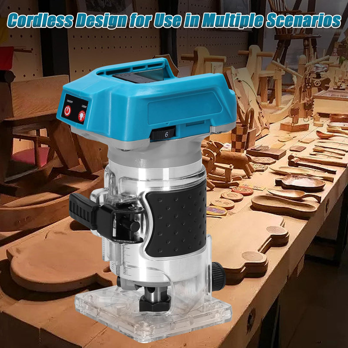 Cordless Wood Router Tool, 600W 6-level Variable Speed Brushless Electric Trimming Machine, 1/4" Collet 18000rpm Hand Compact Edge Trimmer for Engraving Slotting Carving Woodworking DIY VISLONE