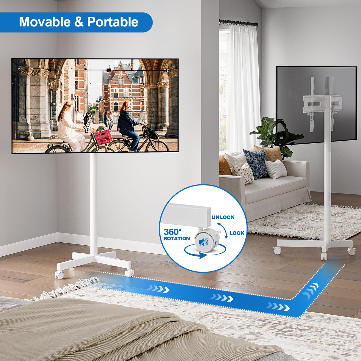 HOLMAXD Mobile TV Cart Rolling TV Stand for 23-65 Inch Screen Outdoor TV up to 110 lbs, Height Adjustable Portable TV Cart with Wheels and Tilt Mount, Outdoor TV Stand Mount, Max VESA 400x400mm, White HOLMAXD