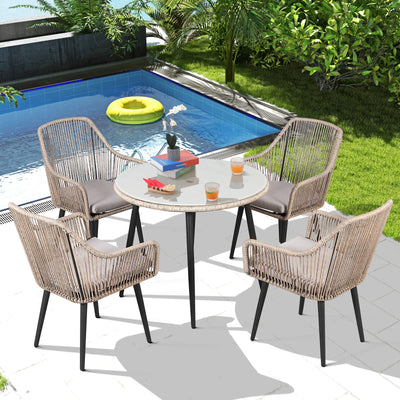Patiorama 5-Piece Patio Dining Set, Outdoor Dining Table Chair Set, All-Weather Twisted Rattan Wicker Rope Conversation Set, Patio Furniture Set w/Umbrella Hole, 4 Cushioned Chairs&Glass Table(Tan)