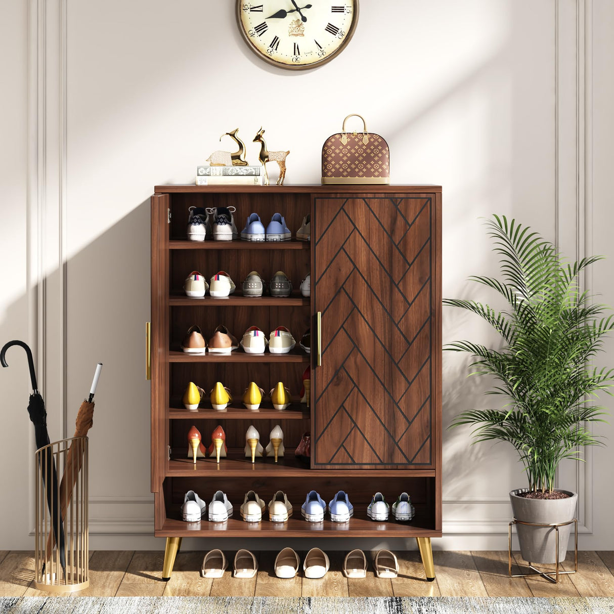 Tribesigns Walnut Shoe Cabinet with Doors, 6-Tier 24 Pairs Shoe Storage Cabinet for Entryway, Wooden Entryway Shoe Cabinet with Adjustable Shelves for Living Room, Bedroom (Walnut, Gold Legs) Tribesigns