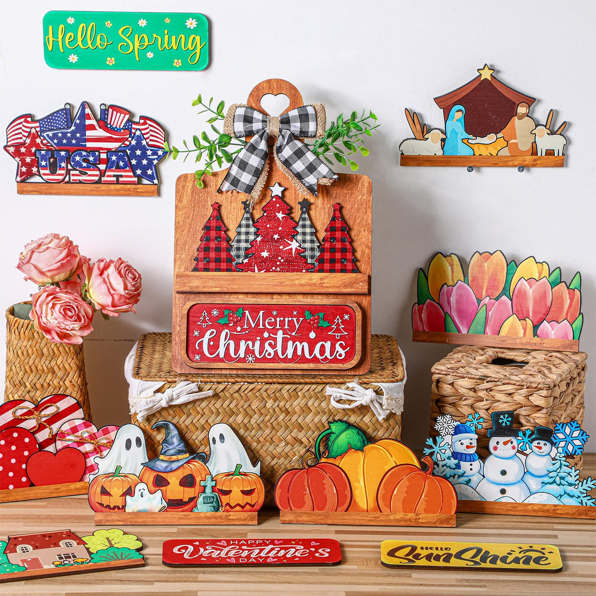 GlikCeil 37 Pcs Interchangeable Seasonal Decor Farmhouse Breadboard Interchangeable Seasonal Tier Tray Decor Holiday Halloween Thanksgiving Christmas Wooden Decoration with Bow for Table Kitchen GlikCeil