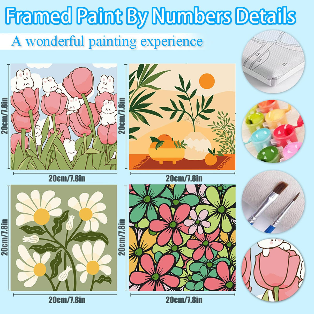 UMOART Framed Paint by Numbers for Kids - 4Pack Flowers Paint by Numbers for Kids Ages 4-8-12, Paint by Number Kits on Canvas, DIY Landscape Oil Painting Acrylic Kits for Home Decor 8x8in UMOART
