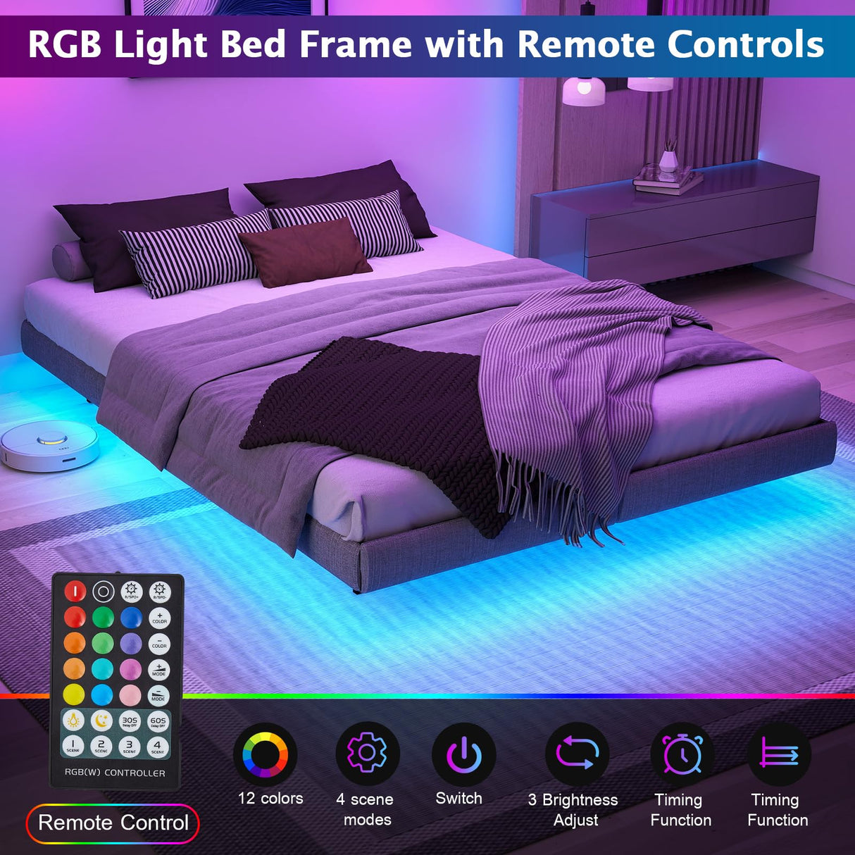 Floating Queen Bed Frame with LED Lights & Under-Bed Storage by RVONOW RVONOW