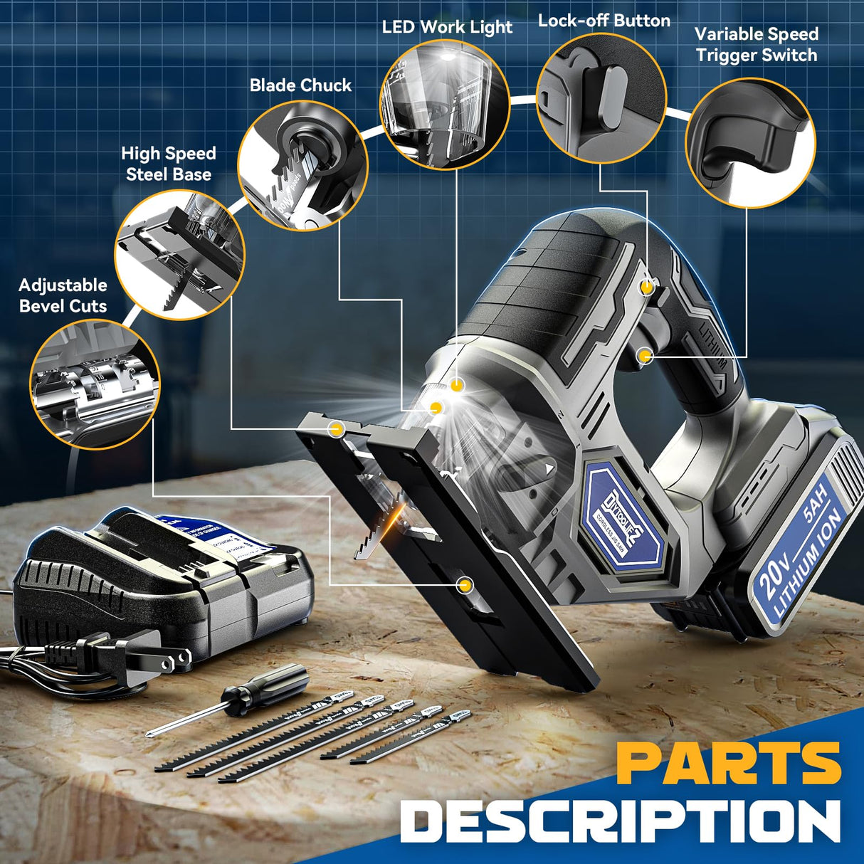 2024 New Cordless Jigsaw Tool Compatible with Dewalt 20V Battery, Brushless jigsaw tool with Variable Speed, 0°-45° Bevel Cuts, LED Light, 3-Position Orbital Action for Straight/Curve/Circle Cutting DIYtoolifz