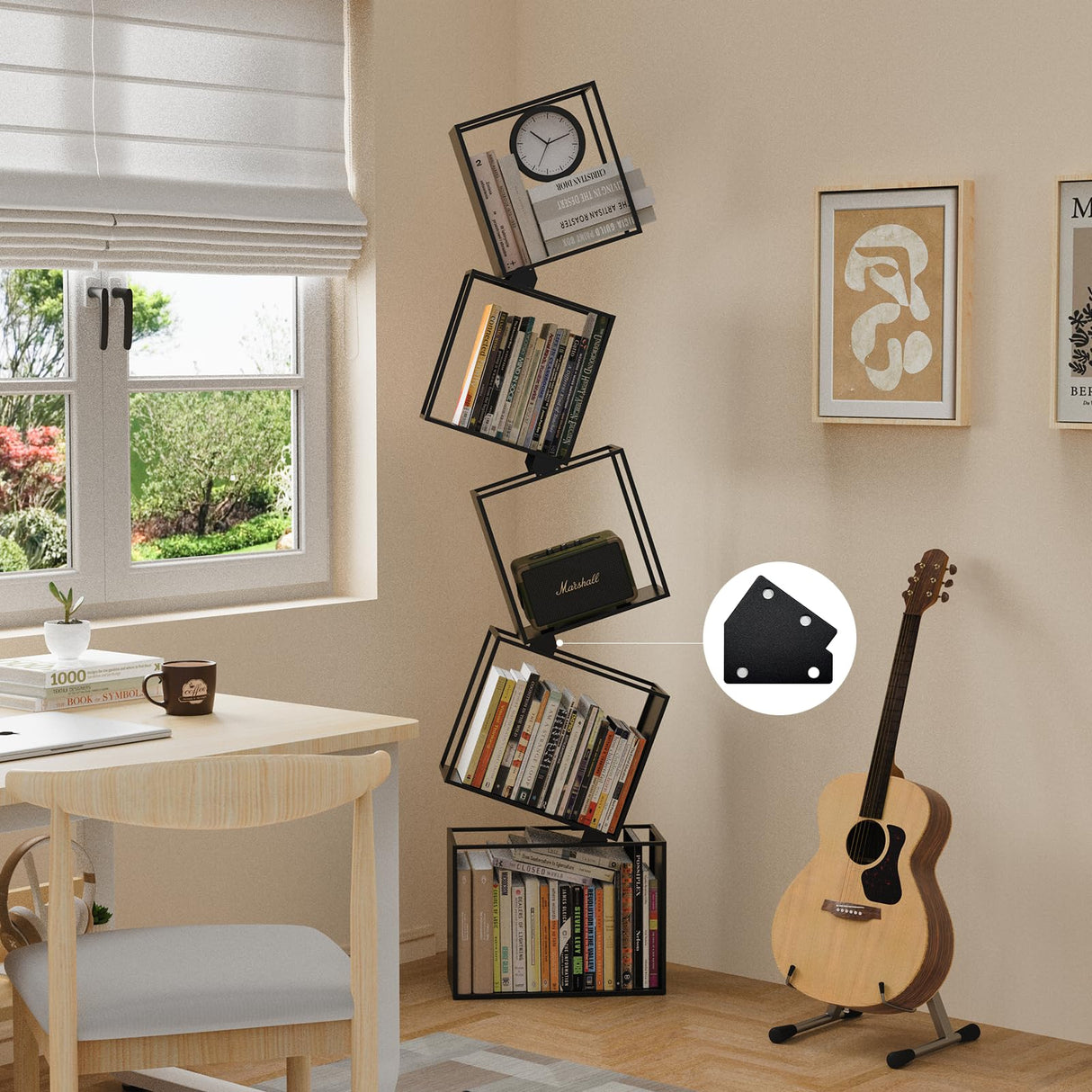 Kunicely 5-Tier Metal Geometric Bookshelf – Modern Narrow Floor Bookcase, Space-Saving Organizer for Living Room, Bedroom, Office, Corner – Black Kunicely