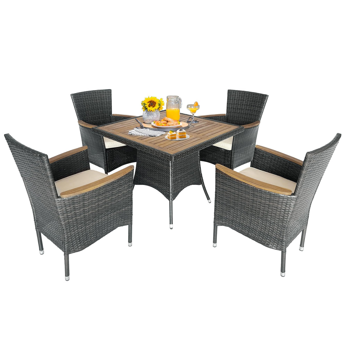 RoyalCraft 5 Piece Patio Wicker Dining Sets for 4, Water-Resistant Rattan Outdoor Dining Table and 4 Chairs with Wood Table Top, Conversation Set Removable Cushions for Deck, Garden, Backyard, Gray RoyalCraft