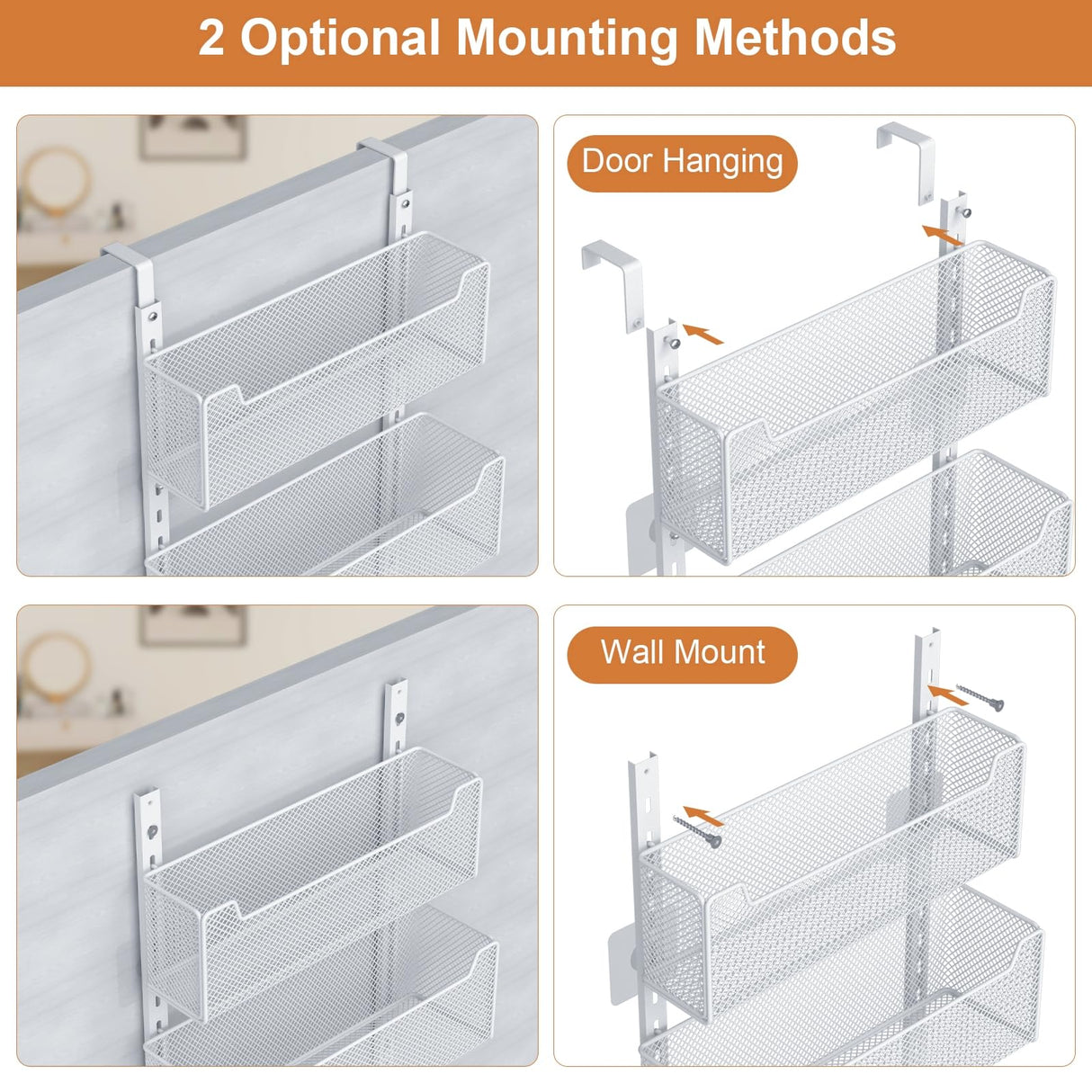 VyGrow Over The Door Organizer, Metal Door Organizer Hanging with 5 Adjustable Baskets and Coat Hook, Behind The Door Storage for Bedroom Closet Bathroom Pantry Cabinet Kitchen, White VyGrow
