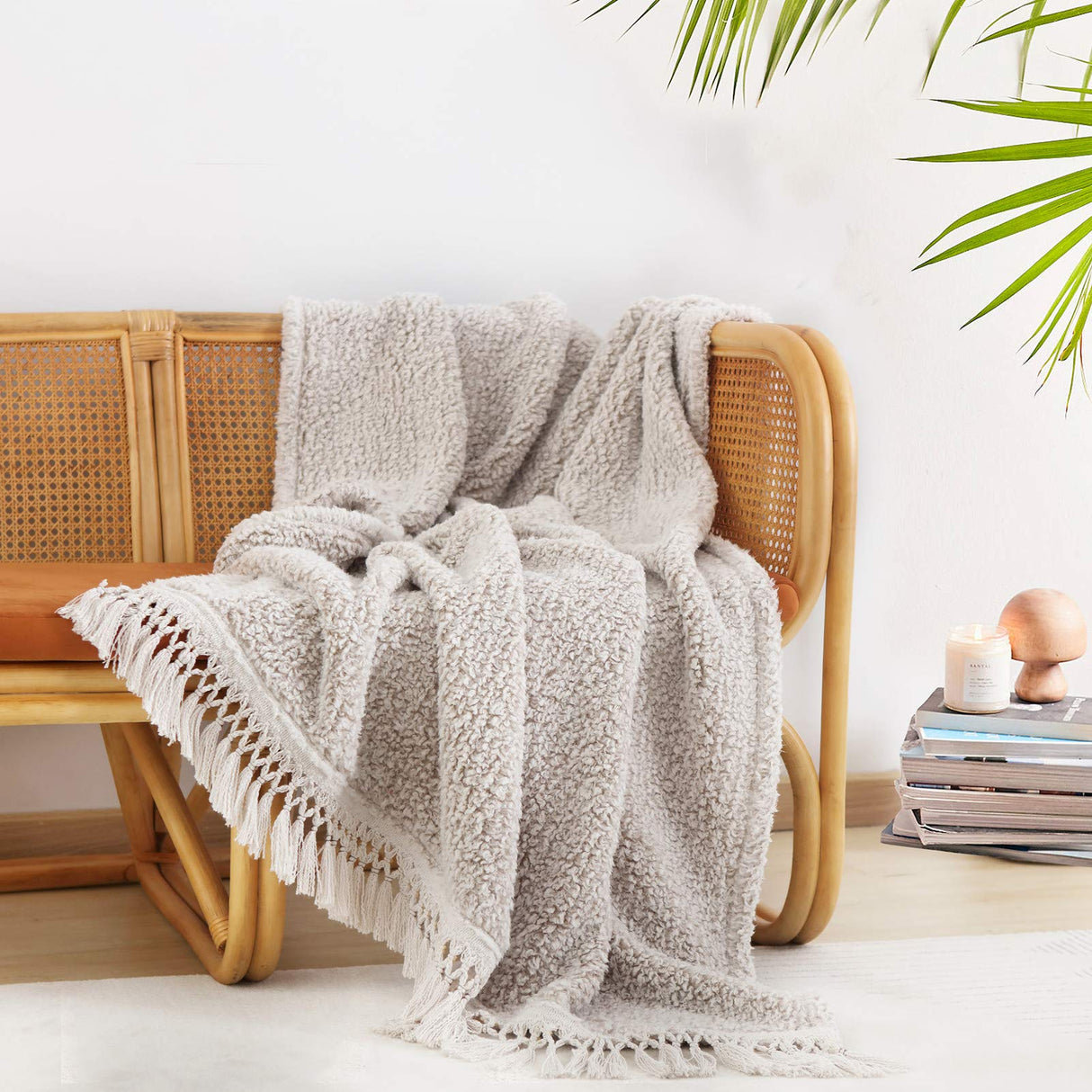 Ultra Soft Cozy Sherpa Throw Blanket with Tassel, Light Weight Warm Decorative 2 Tones Ombre Light Brown Pattern Reversible Boho Style Blanket for Sofa, Couch, Bedroom,Travel, 50”x60” HORIMOTE HOME