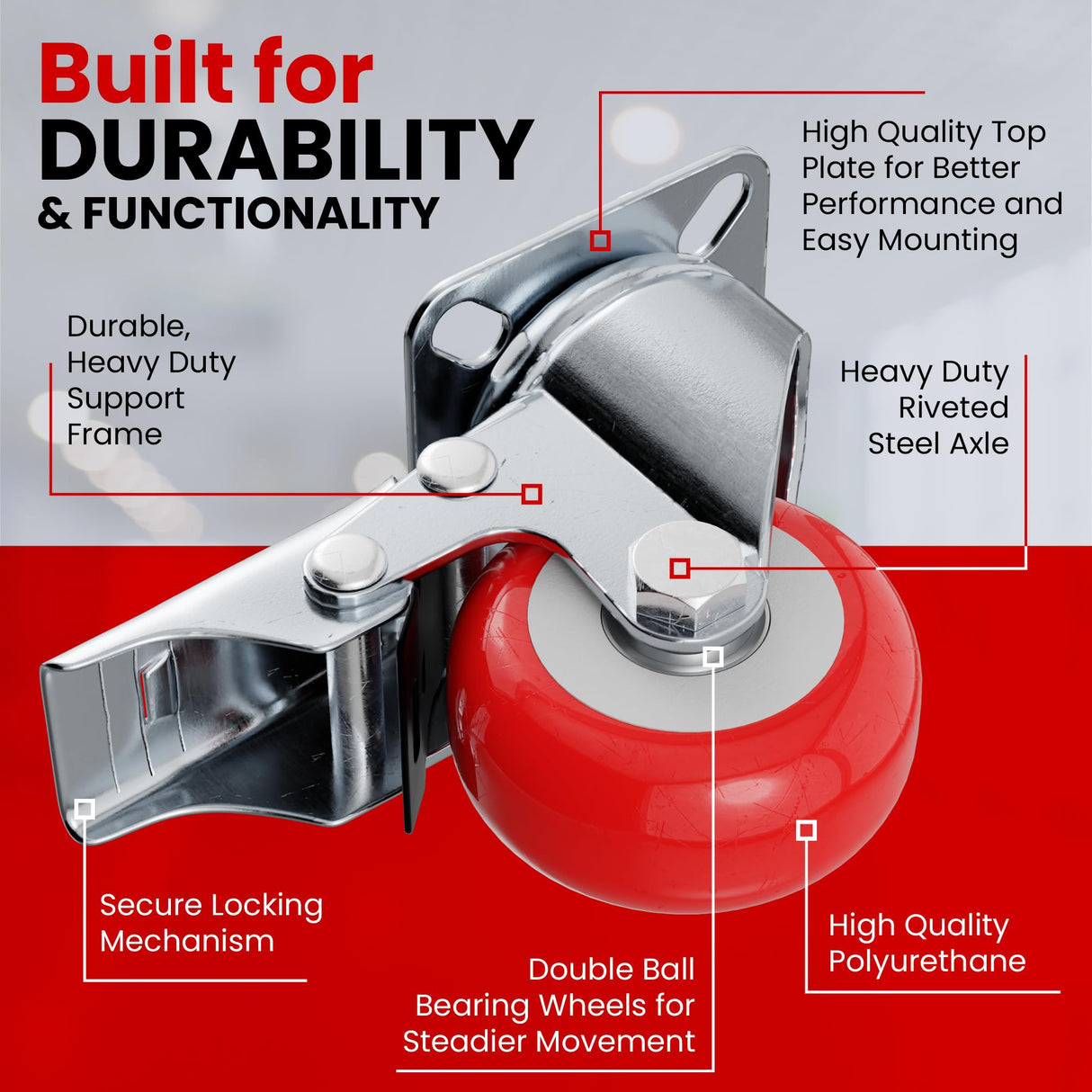 Online Best Service 4 Pack Caster Wheels Swivel Plate On Red Polyurethane Wheels (2 inch With Brake) Online Best Service