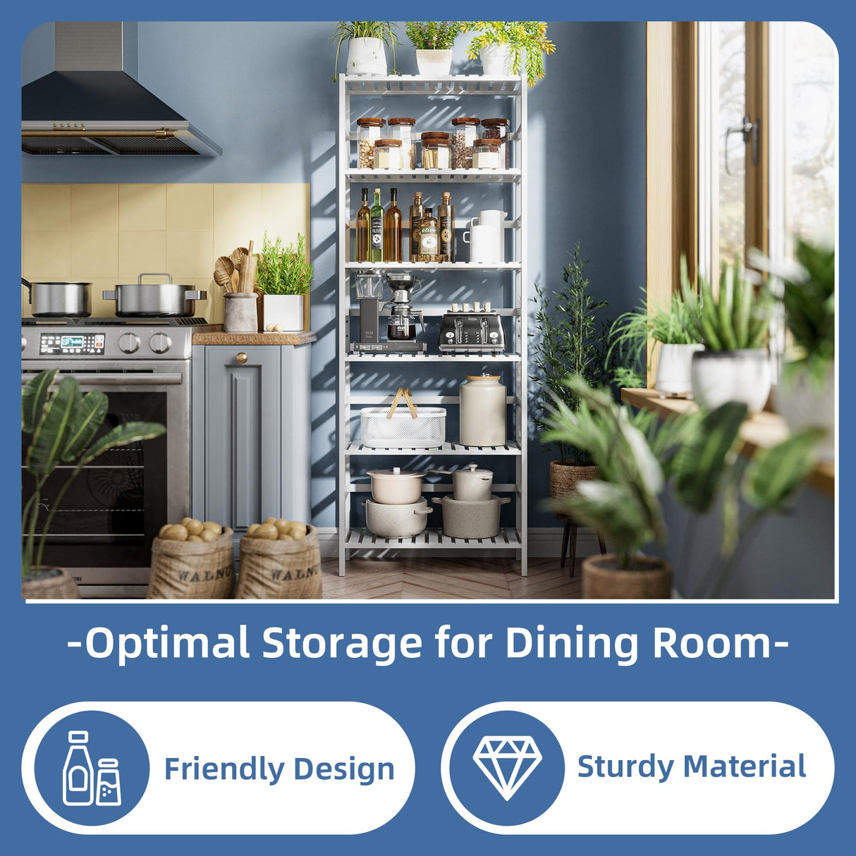 HITNET Bookshelf, 6-Tier Tall Bookcase Freestanding Bamboo Book Shelf Bathroom Storage Organizer with Adjustable Shelves, White HITNET