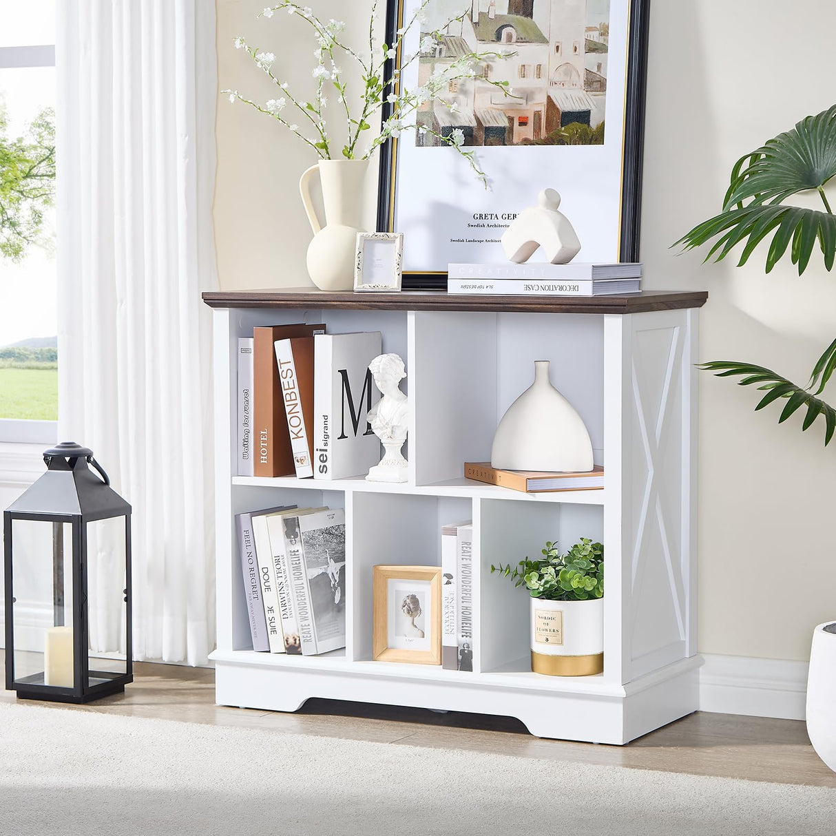 Farmhouse 5 Cube Bookshelf, White Storage Organizer Bookcase, Kids Toy Storage Cabinet, Small Bookshelves Storage Organizer Shelf, Wood Display Cabinet Book Shelves for Bedroom,Living Room,Office FFBCFDK