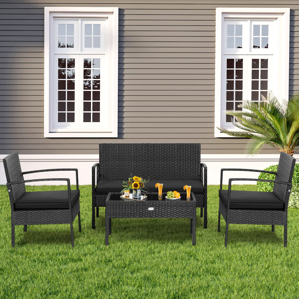 Tangkula 4 Piece Patio Rattan Conversation Set, Outdoor Wicker Furniture Set W/Glass Coffee Table, Solid Steel Structure, Ergonomic Seat, Suitable for Garden, Courtyard, Balcony, Poolside Tangkula