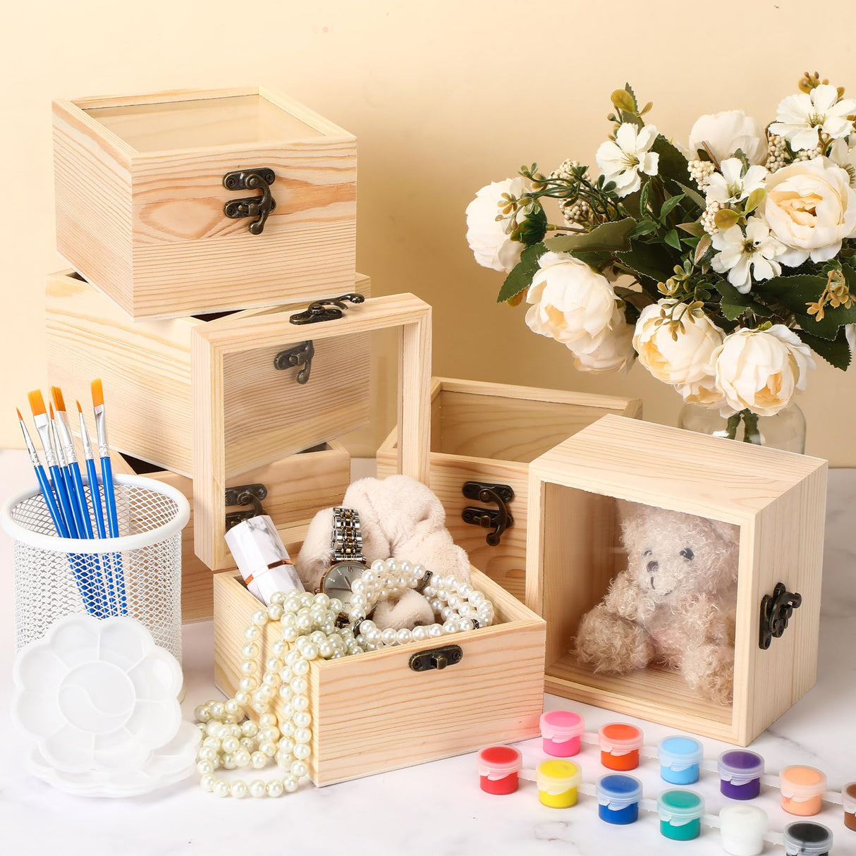 Chunful 6 Set Unfinished Wooden Boxes for Crafts 4.72 x 4.72 x 3.15 Inch Small Wood Jewelry Treasure Chest Box with Hinged Glass Lid for DIY Project Craft Painting Gifts Chunful