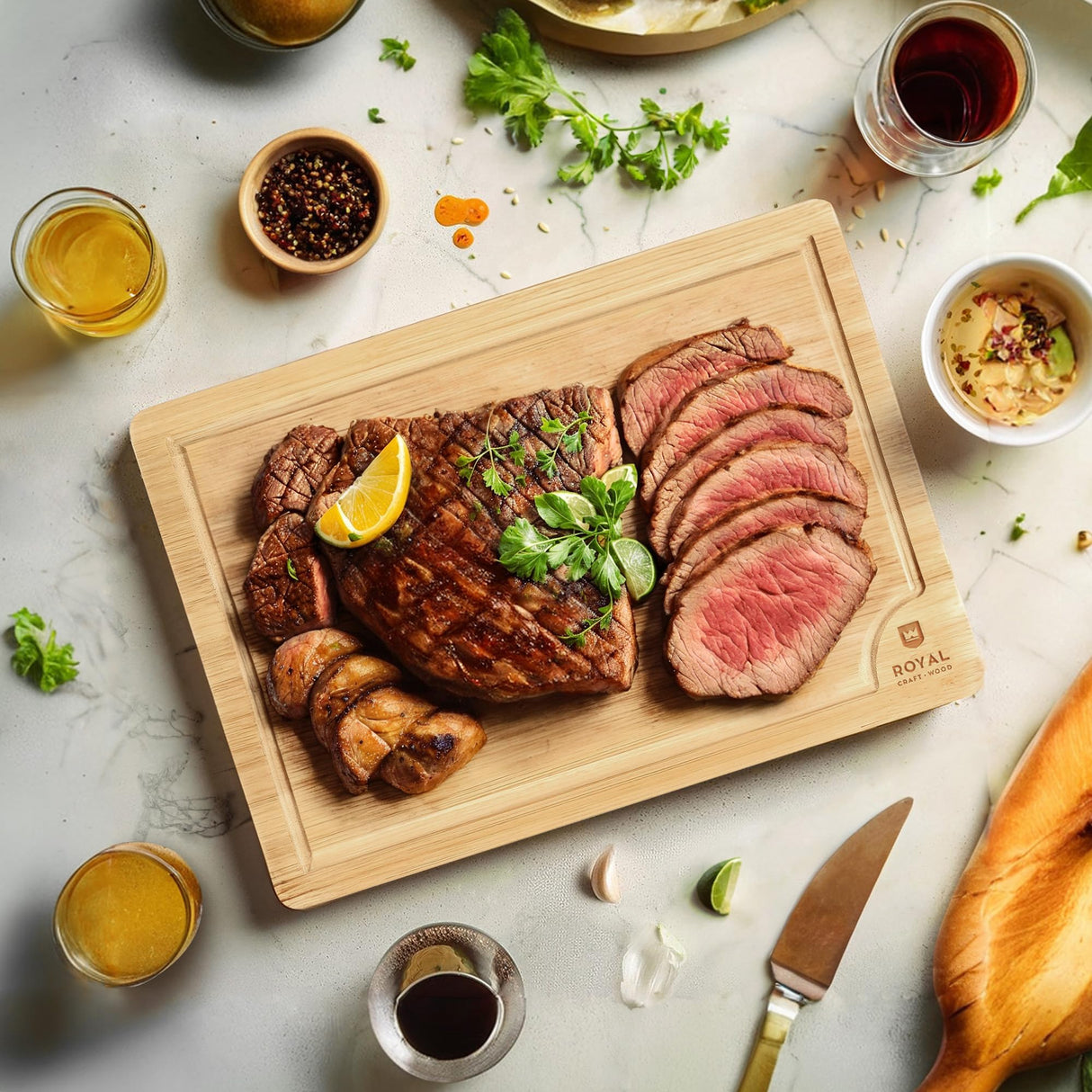 ROYAL CRAFT WOOD Bamboo Cutting Board with Juice Groove - Kitchen Chopping Board for Meat Cheese and Vegetables, Heavy Duty Serving Tray w/Handles (Large,10 x 15") ROYAL CRAFT WOOD