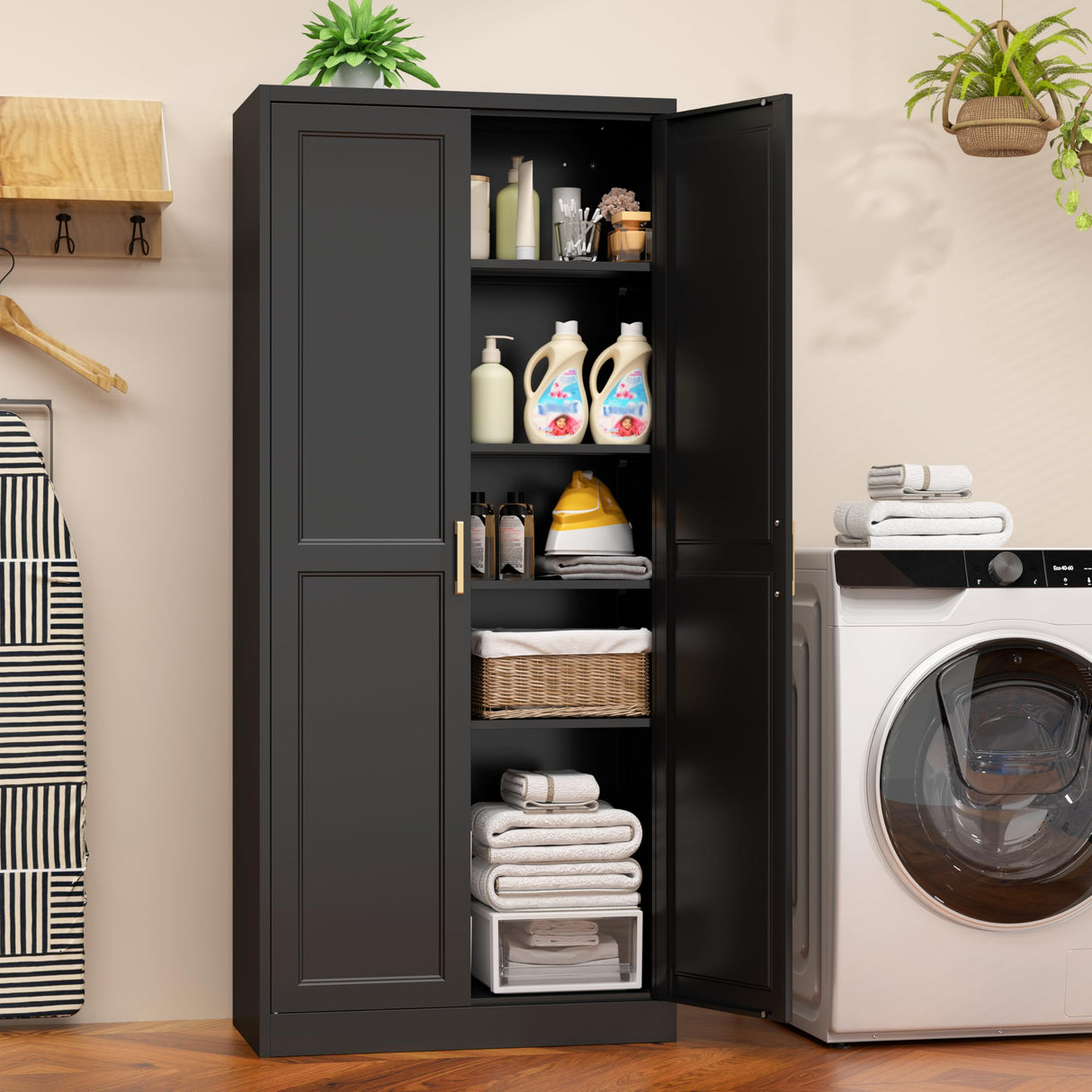 Kubohogar 71" Tall Metal Pantry Cabinet, Black Kitchen Pantry Storage Cabinet with 4 Adjustable Shelves and Gold Handles, Cupboard for Kitchen, Dining Room, Living Room, Bathroom Kubohogar