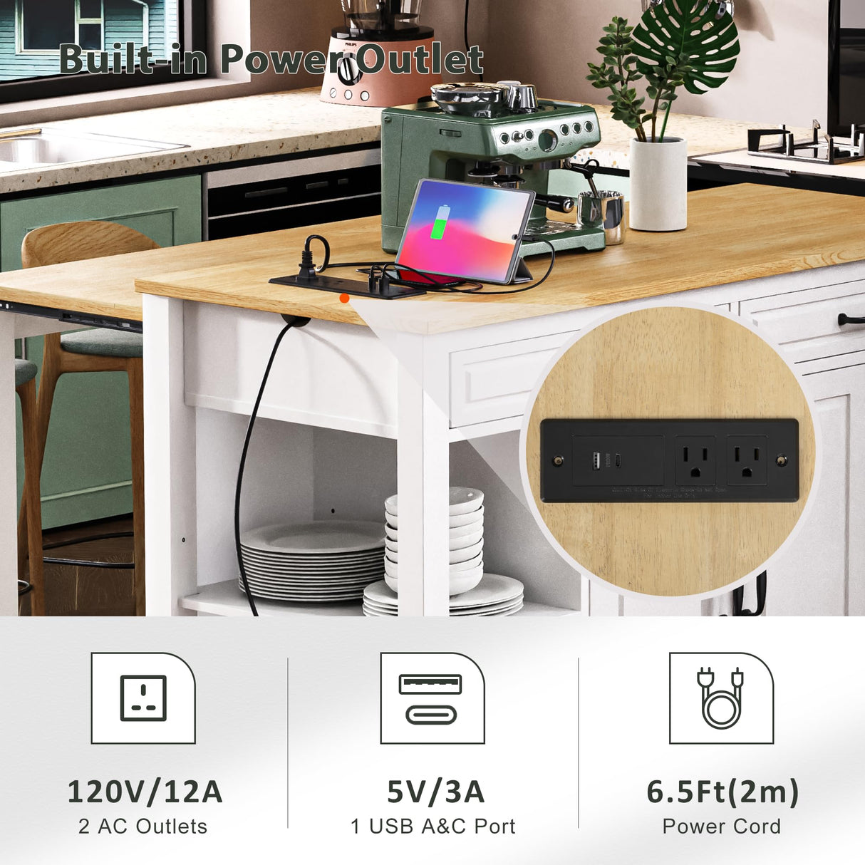 Merax Kitchen Island on Wheels with Extendable Dining Table & Power Outlet, Wood Kitchen Rolling Cart with Internal Storage Rack, 2 Drawers & 2 Cabinets, 47" Wide White Merax