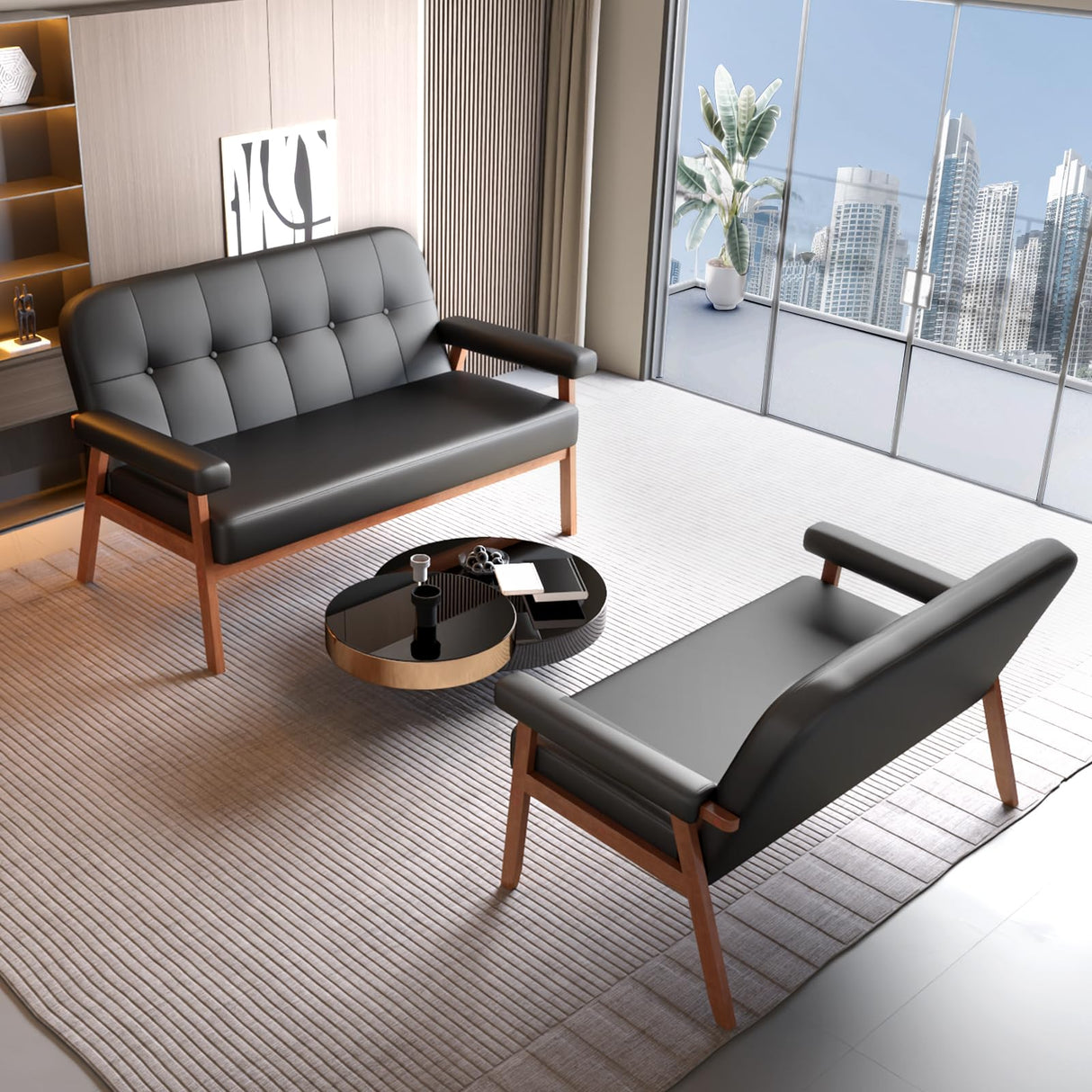 JIASTING 50” Black Leather Love Seat Sofa Couch, Mid Century Modern Small Office Loveseat Couch with Wood Arms, Two Seater Couches for Small Spaces, Living Room, Waiting Room, Bedroom (Black) JIASTING