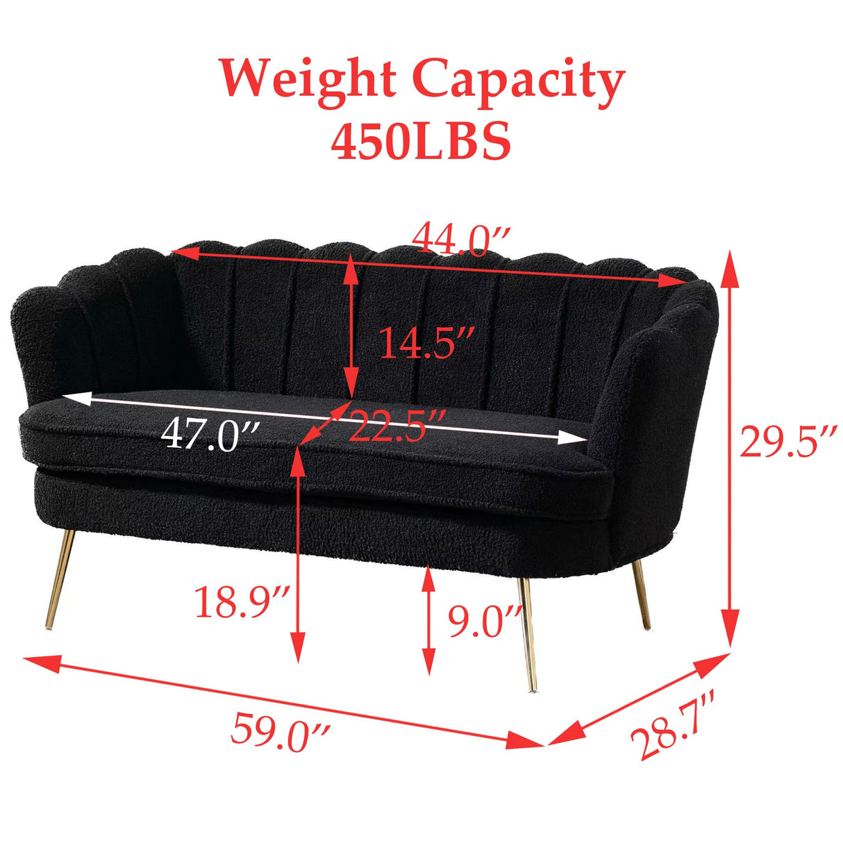 DWOYFO 59” Small Modern Teddy Loveseat Sofa, 2-Seater Sofa with Gold Metal Legs, Small Couch with Flower Shaped Back for Living Room Bedroom Office (Teddy, Black) DWOYFO