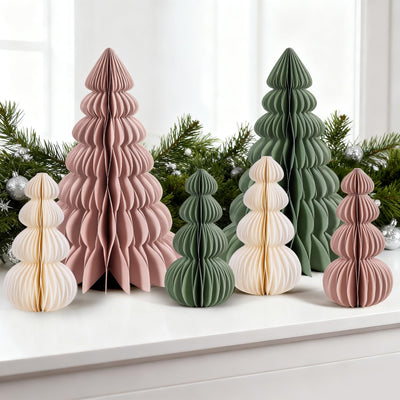 OBBOLO 6 Pcs Paper Christmas Tree, Beige, Sage Green and Dusty Pink Tabletop Christmas Decorations with Magnetic Closure, 12" & 6" Foldable Reusable Holiday Trees for Mantel, Table Centerpiece
