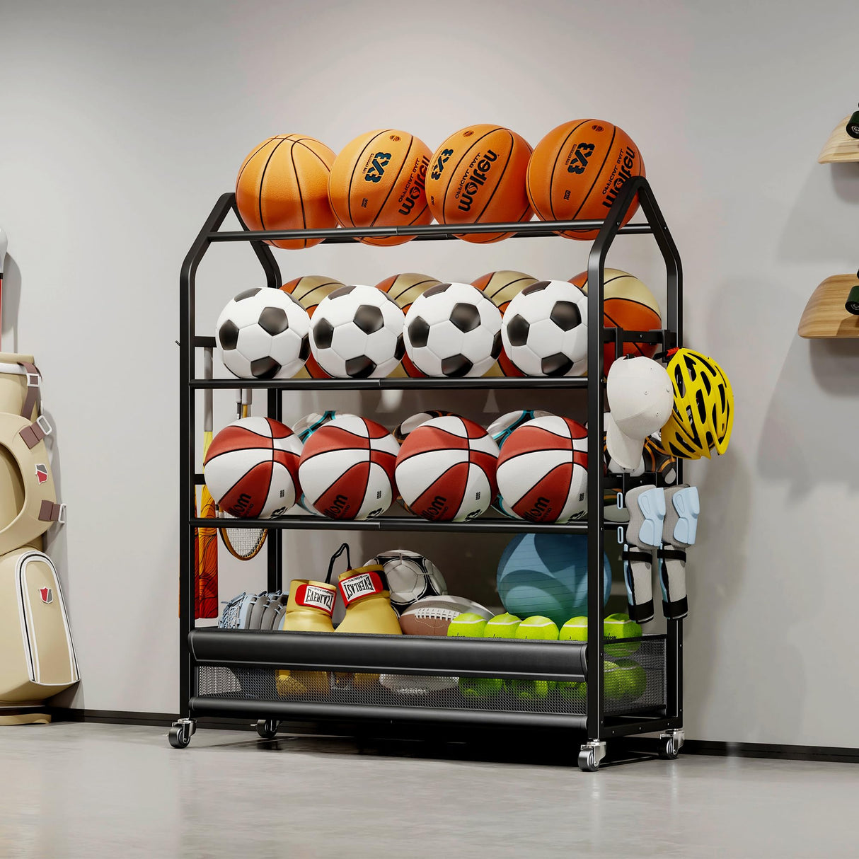 Homeiju Sports Equipment Organizer, Ball Storage Rack, Garage Sports Gear Rack with Wheels and Hooks, Indoor/Outdoor Shelf Rack for Sports Gear, Black Homeiju