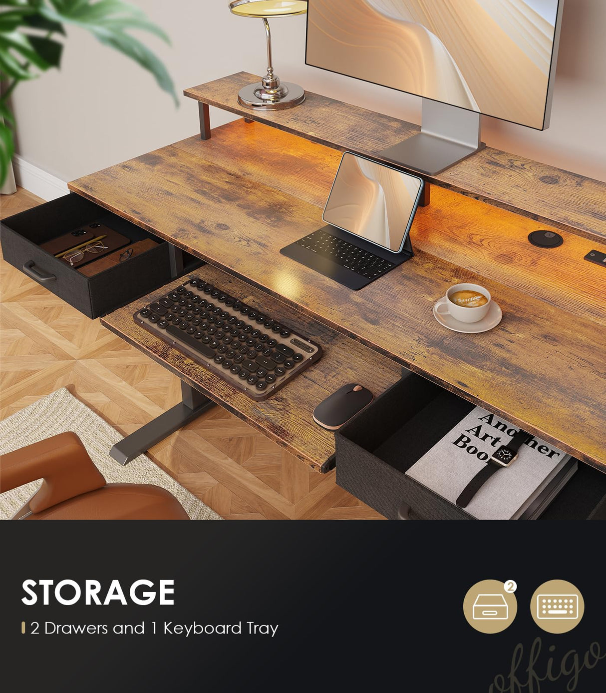 OffiGo Electric Standing Desk with Drawers & Keyboard Tray, 63 Inch Height Adjustable Desk with Power Outlets & LED Lights, Sit Stand Table with Monitor Stand for Home, Office, Rustic Brown OffiGo