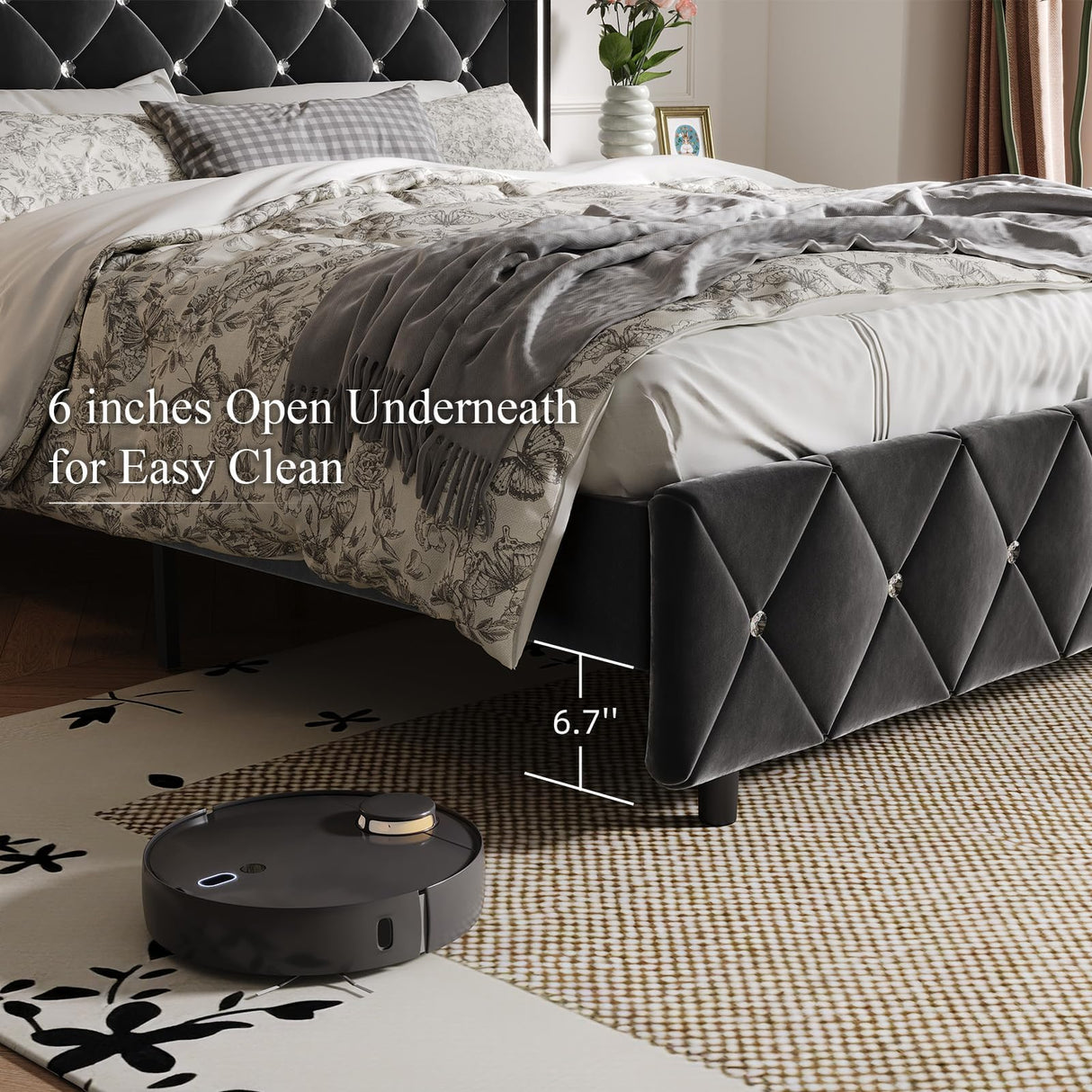 Twin Bed Frames, Upholstered Platform Bed Twin Size with Diamond Tufted Headboard, Modern Velvet Bed Frame with Wingback Design, No Box Spring Needed, Easy Assembly, Black HOMBCK