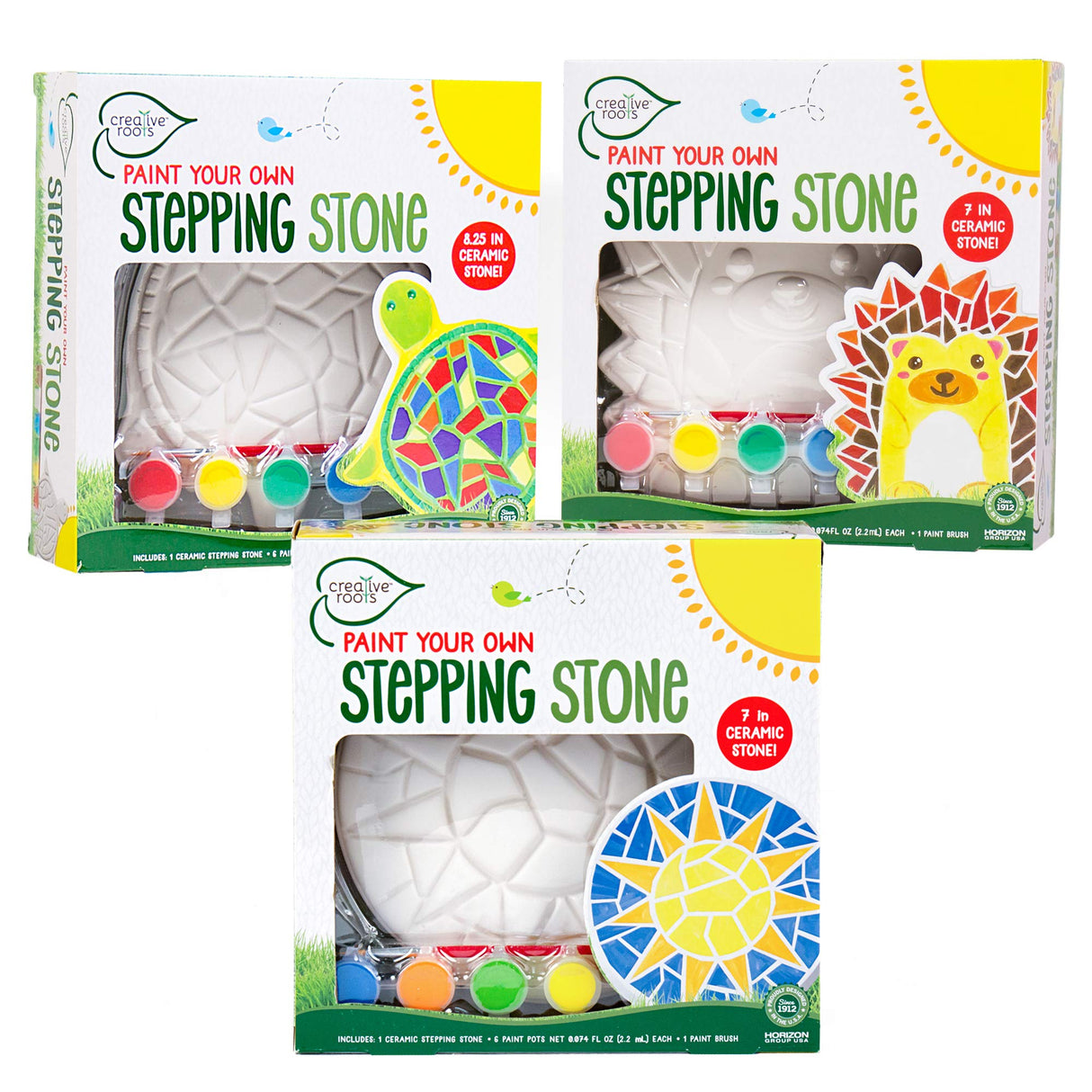 Creative Roots Mosaic Turtle, Hedgehog, & Sun - 3-Pack 7-Inch Ceramic Stepping Stones & 6 Vibrant Paints, Paint Your Own DIY Stepping Stones for Kids Ages 8+ Creative Roots