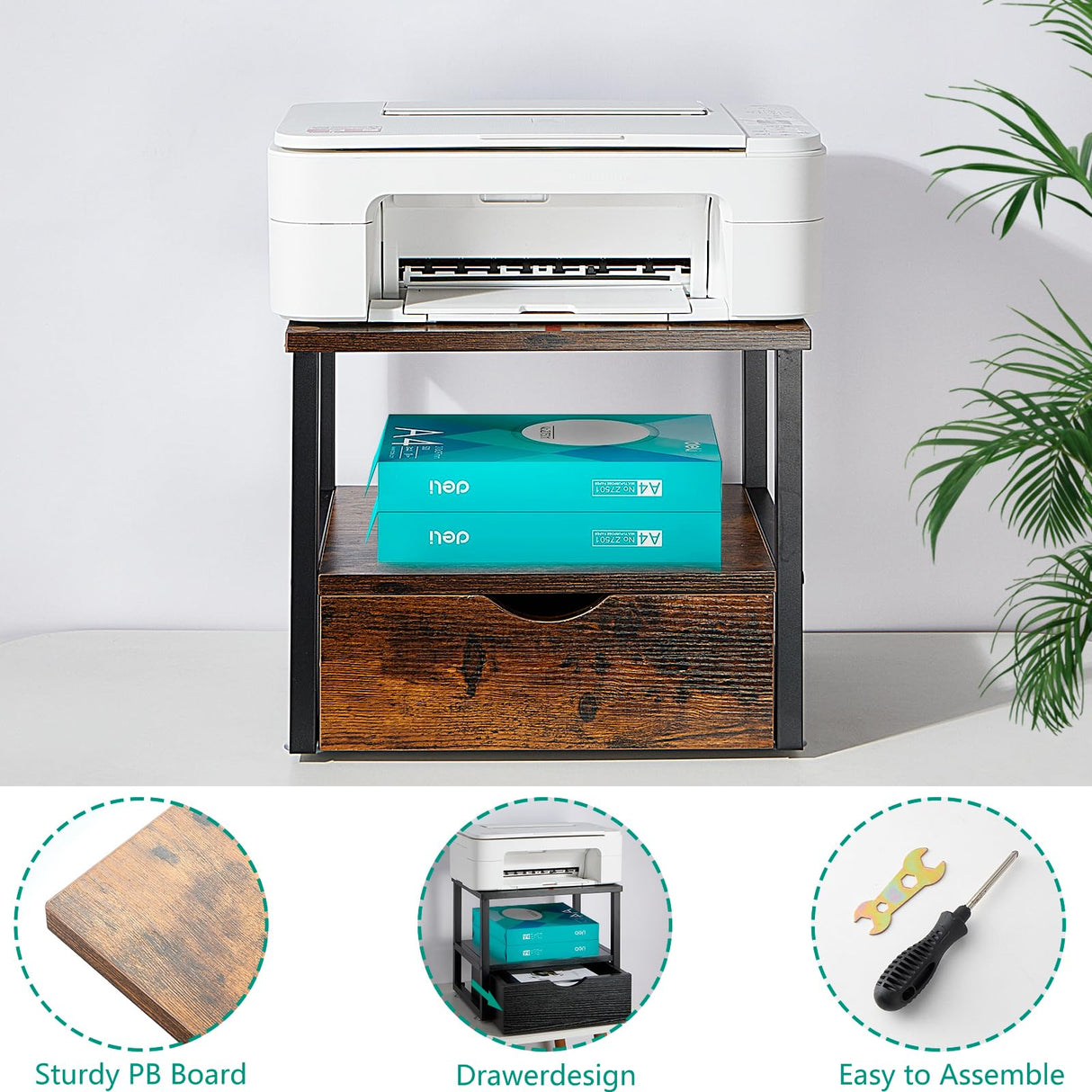 jarrvz Modern 2 Tier Printer Stand Retro Brown Printer Desk with Sliding Storage Drawer Printer Stand Rolling Cart Rack for Fax Machine, Scanner Office and Home Storage Rack, Retro Brown jarrvz