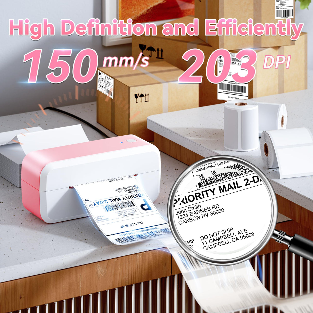 Bluetooth Shipping Label Printer, 4x6 Thermal Label Printer for Shipping Packages & Small Business, Compatible with IOS, Android, Windows and Mac, Widely Used for Ebay, Shopify, Amazon, Etsy (Pink) NelkoGlobal