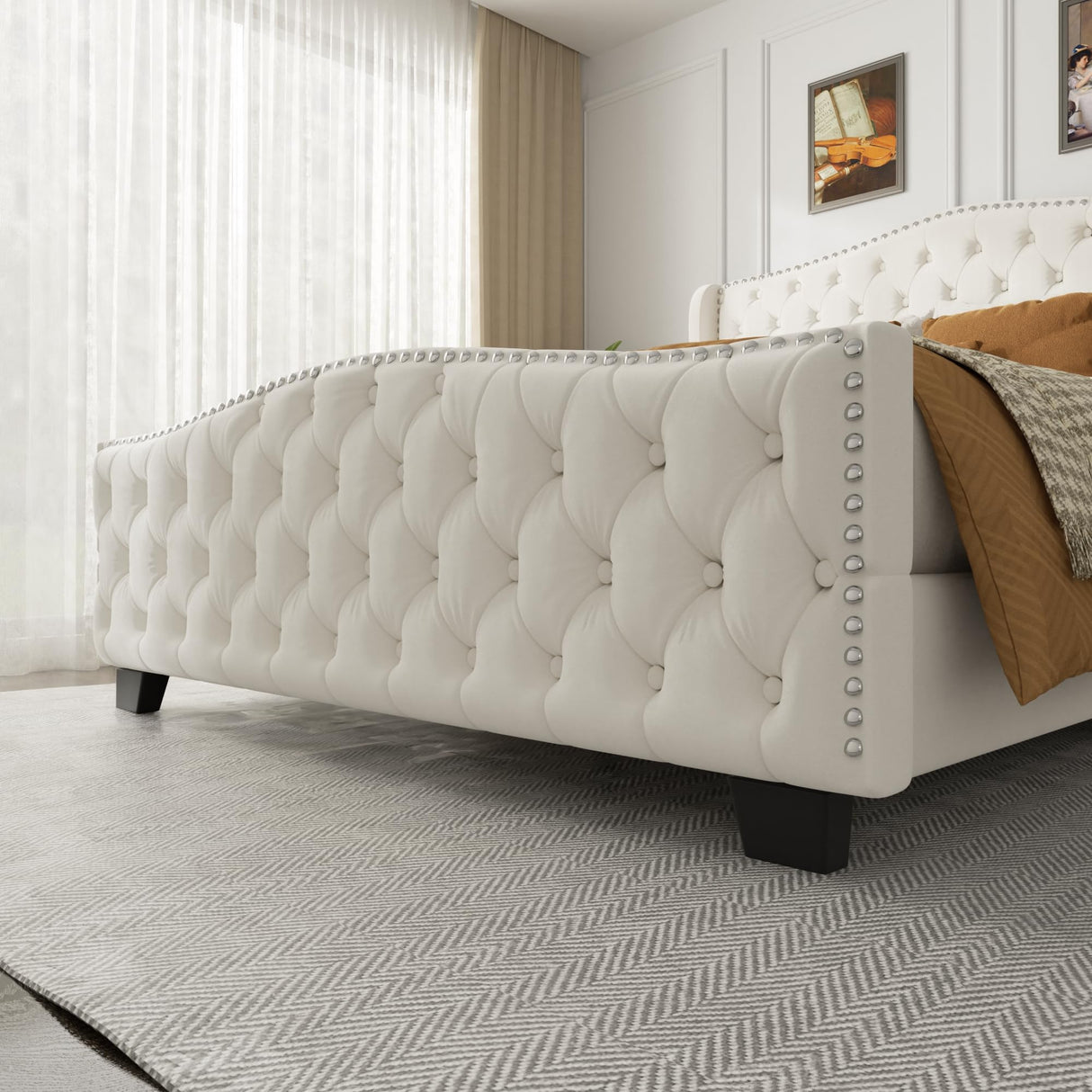 viplov King Size Platform Bed Frame with 51-inch Tall Camelback Headboard & Wingback, Deep Button Tufted Footboard with Nailhead Trim, No Box Spring Needed, Cream viplov