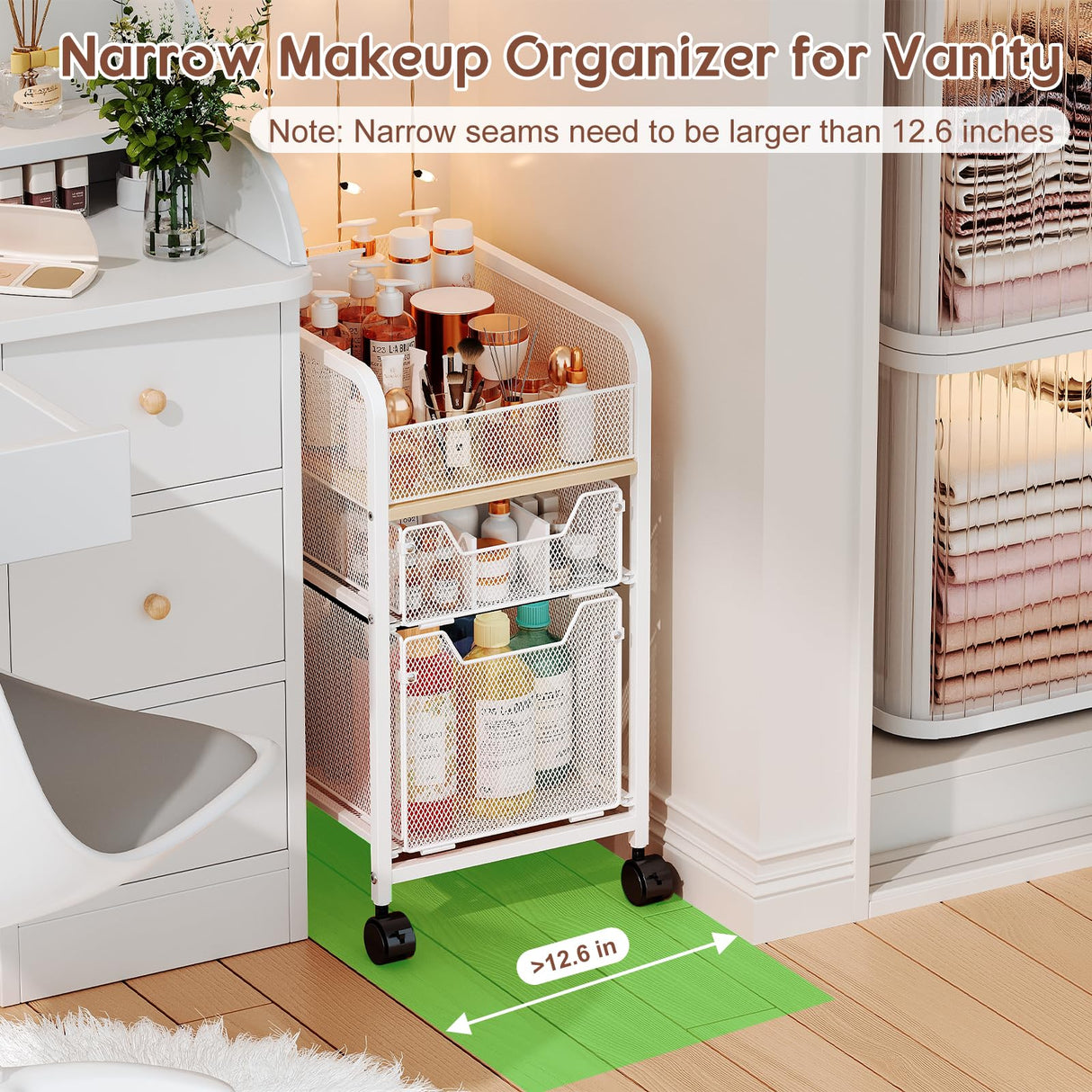 Hongtamoya Rolling Makeup Cart Organizer with 2 Drawers, Narrow Floor Skincare Organizers, Vanity Organizer Cosmetics Display Cases Holder for Skin Care Nail Polish Perfume Makeup Brush, White Hongtamoya