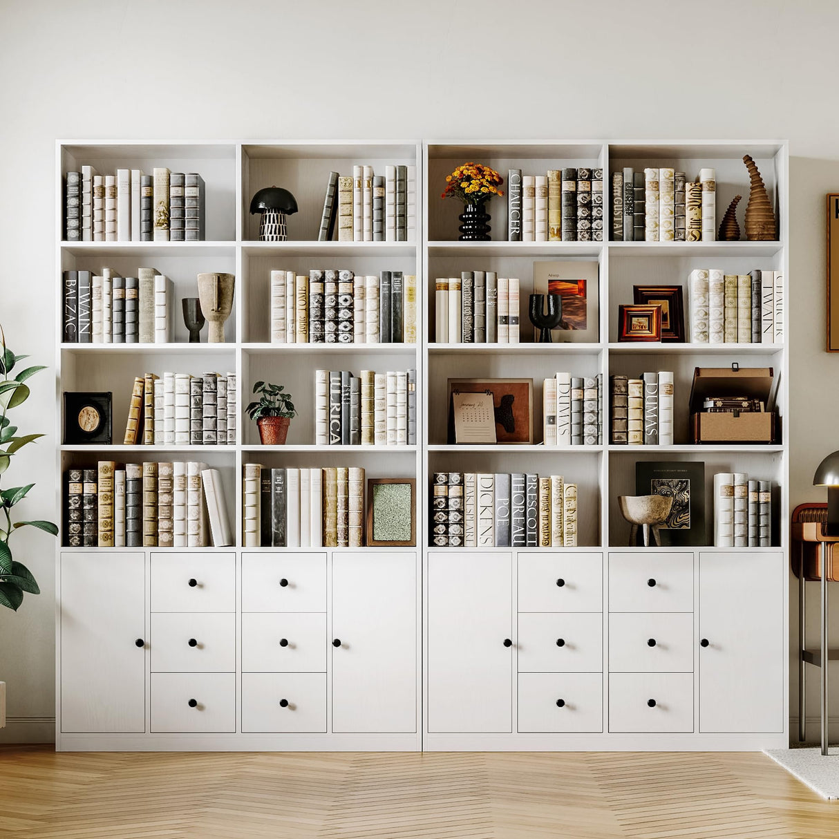 IRONCK 78.7" Bookcase with 6 Drawers, 6 Tier Large Bookshelf with 2 Doors, Large Bookcase with Adjustable Shelves, Tall Storage Cabinet for Home Office, Living Room, White IRONCK