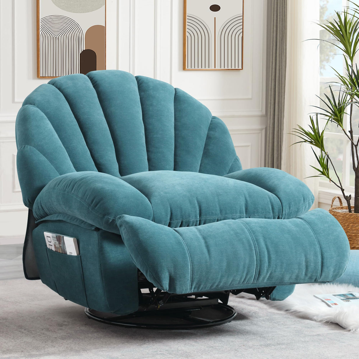 YI DANICA Swivel Rocker Recliner Chair – Shell Shape Manual Big Tall Single 360° Swivel Reclining Sofa with Storage Pockets | Small Space-Friendly for Living Room/Bedroom (NO Massage & Heat, Green) YI DANICA