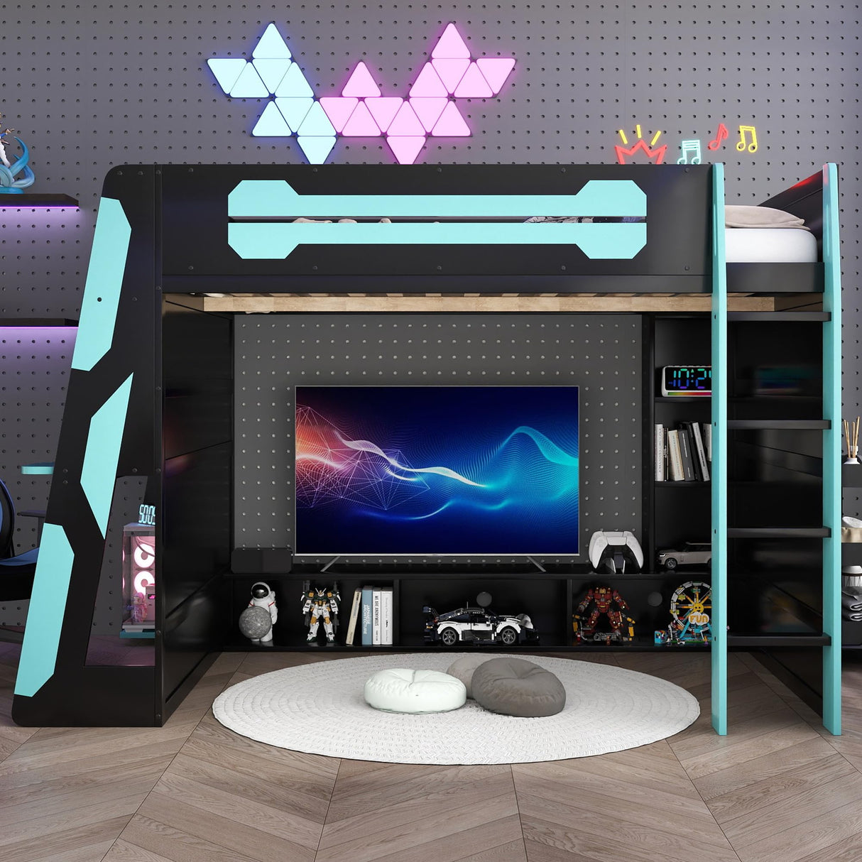 Full Size Wood Gaming Loft Bed with Desk, Full Loft Bed with Multi-Storage Shelves, Light and Charging Station for Teens, Adults Desk Built-in Console Shelf Underneath No Box Spring Needed, Blue Bellemave