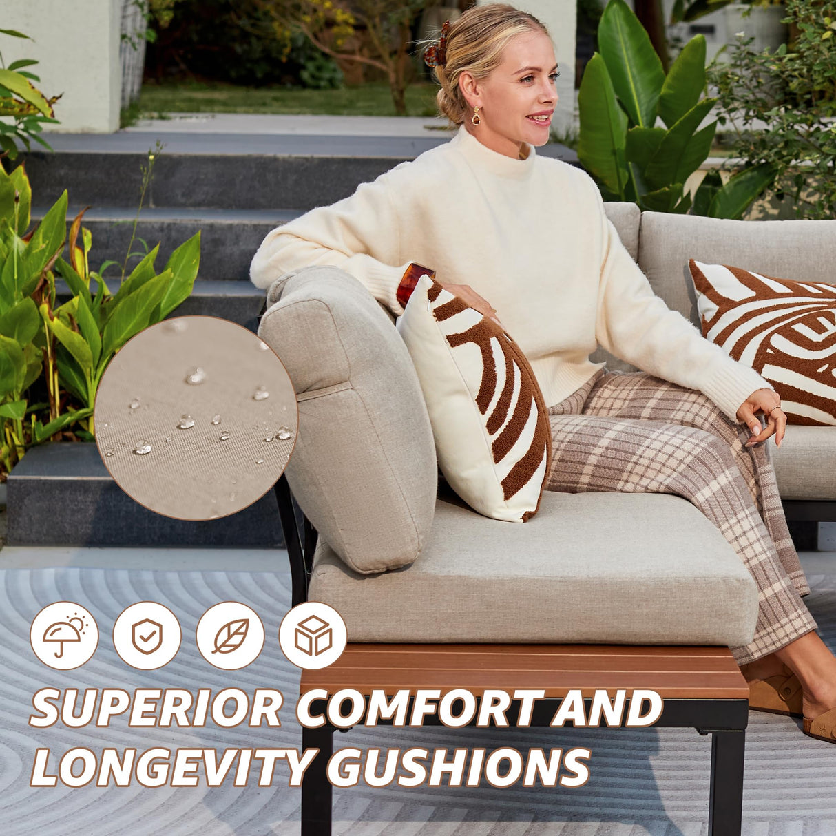 NATURAL EXPRESSIONS Patio Furniture Sets, Metal Outdoor Sectional L Shape Corner Sofa Outdoor Couch with Detachable Backrest,3 Fauxwood Tables,Black Frame,Shale Olefin Cushions for Yard,Garden NATURAL EXPRESSIONS