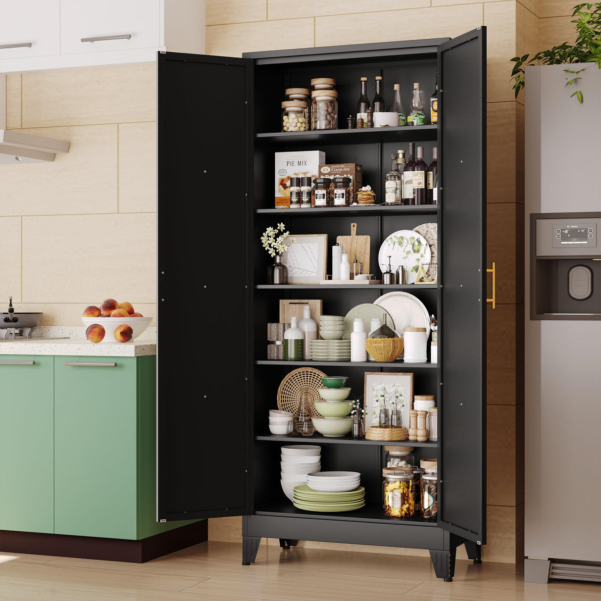 75" Tall Metal Kitchen Pantry Storage Cabinet with 2 Doors and 5 Adjustable Shelves, White Food Freestanding Cupboard for Kitchen, Dining Room, Bathroom and Garage (Black) pozdeg