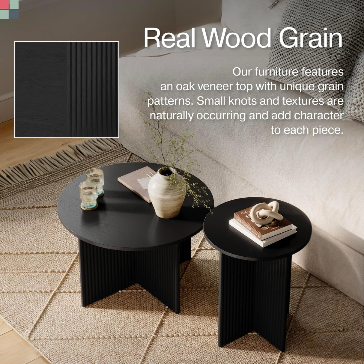 Stead Round Fluted Nesting Coffee Tables - 2 Piece Modern Wood Coffee Table for Living Room and Home Decor - Solid Wood Base and Grain Veneer Top (Blackened Oak) Stead