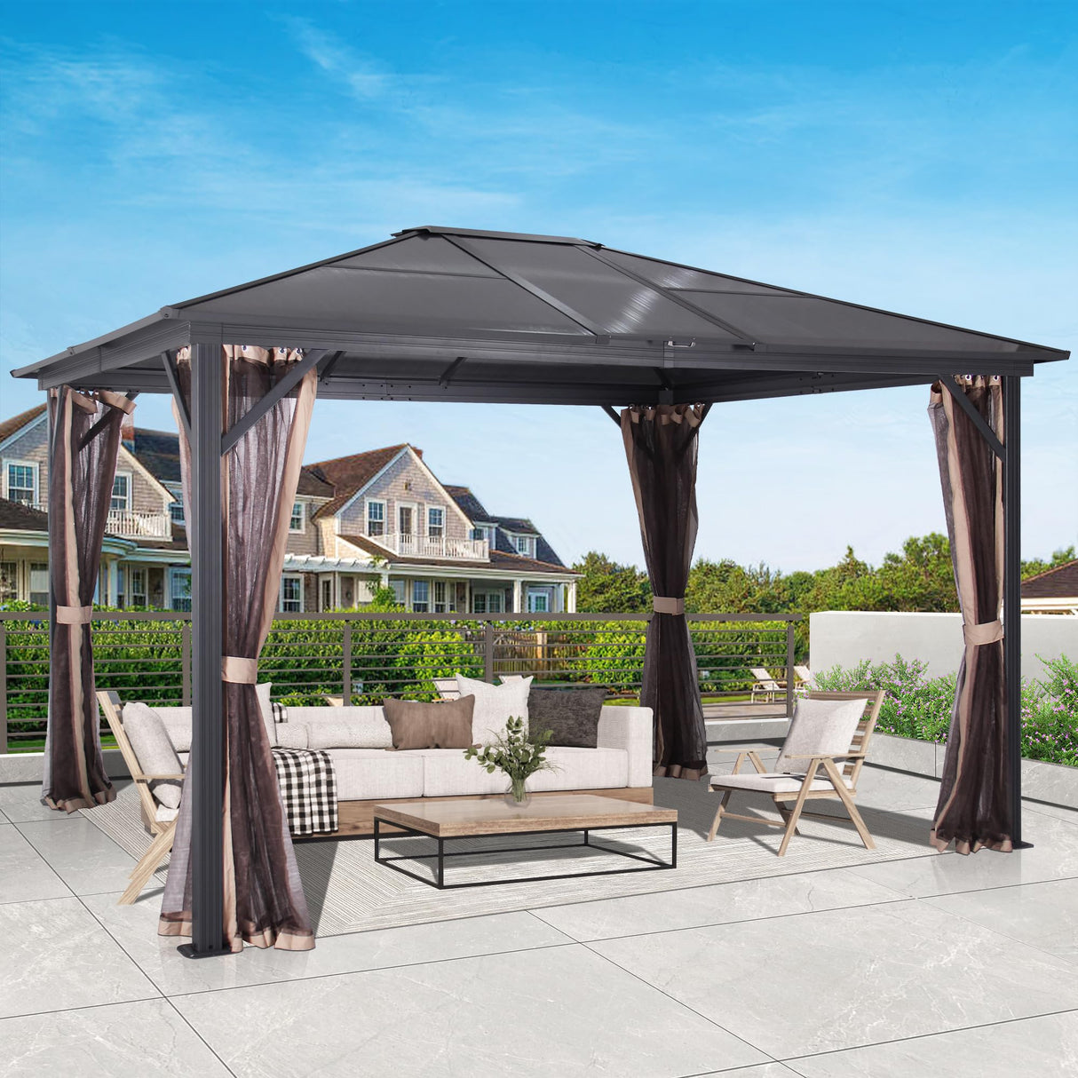 GARTOO 14' x 12' Polycarbonate Hardtop Aluminum Patio Gazebo with Skylight - Outdoor Heavy Duty Gazebo with Breathable Netting for Garden, Poolside, Deck, Patio GARTOO