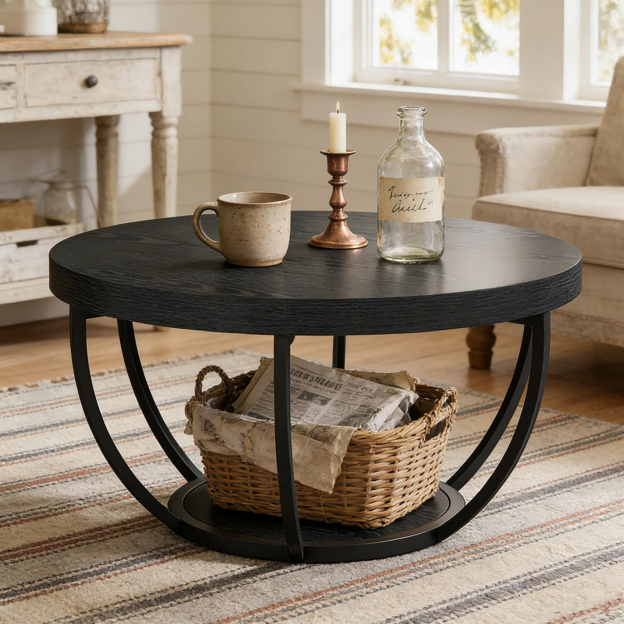 Tribesigns Round Coffee Table, Farmhouse 32" Circle Coffee Table for Living Room, Modern 2-Tier Wood Accent Center Table with Storage Open Shelves, Black Tribesigns