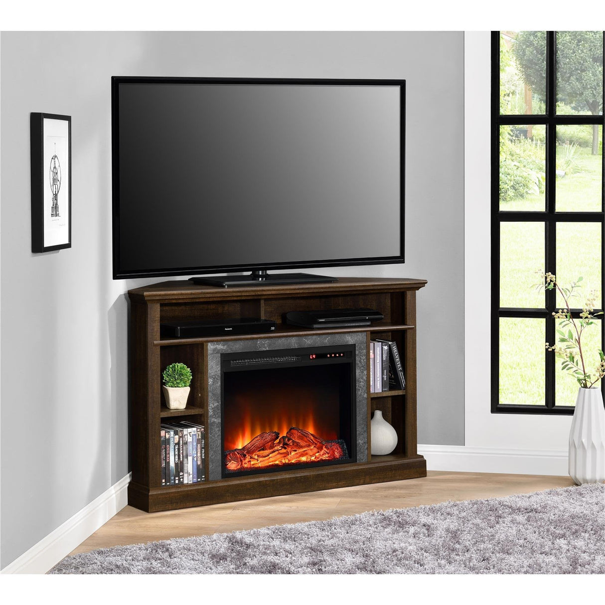 Ameriwood Home Overland Fireplace TV Stand for TVs up to 50 Inch, Replaceable Electric Fireplace Insert Heater, Remote Control, Timer, Realistic Log and Flame Effect, Espresso Ameriwood Home